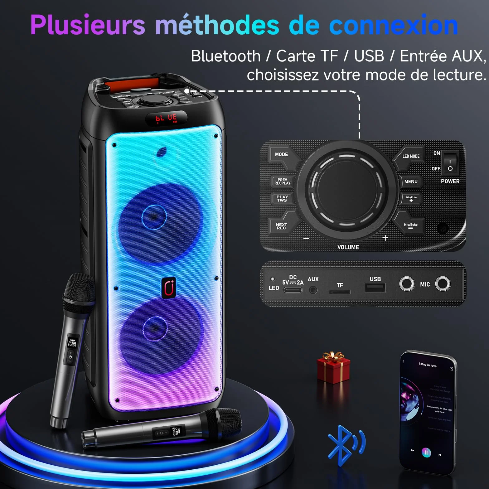 Système Karaoke Bluetooth Portable avec 2 Microphones sans Fil, Enceinte LED Professionnelle, Support USB/TF/AUX/MIC/TWS