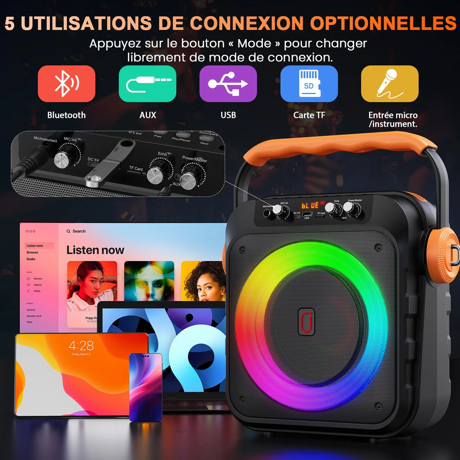JYX Enceinte Karaoke 80W 2 Micros sans Fil Subwoofer 6,8'' Batterie 6500mAh Lumières LED