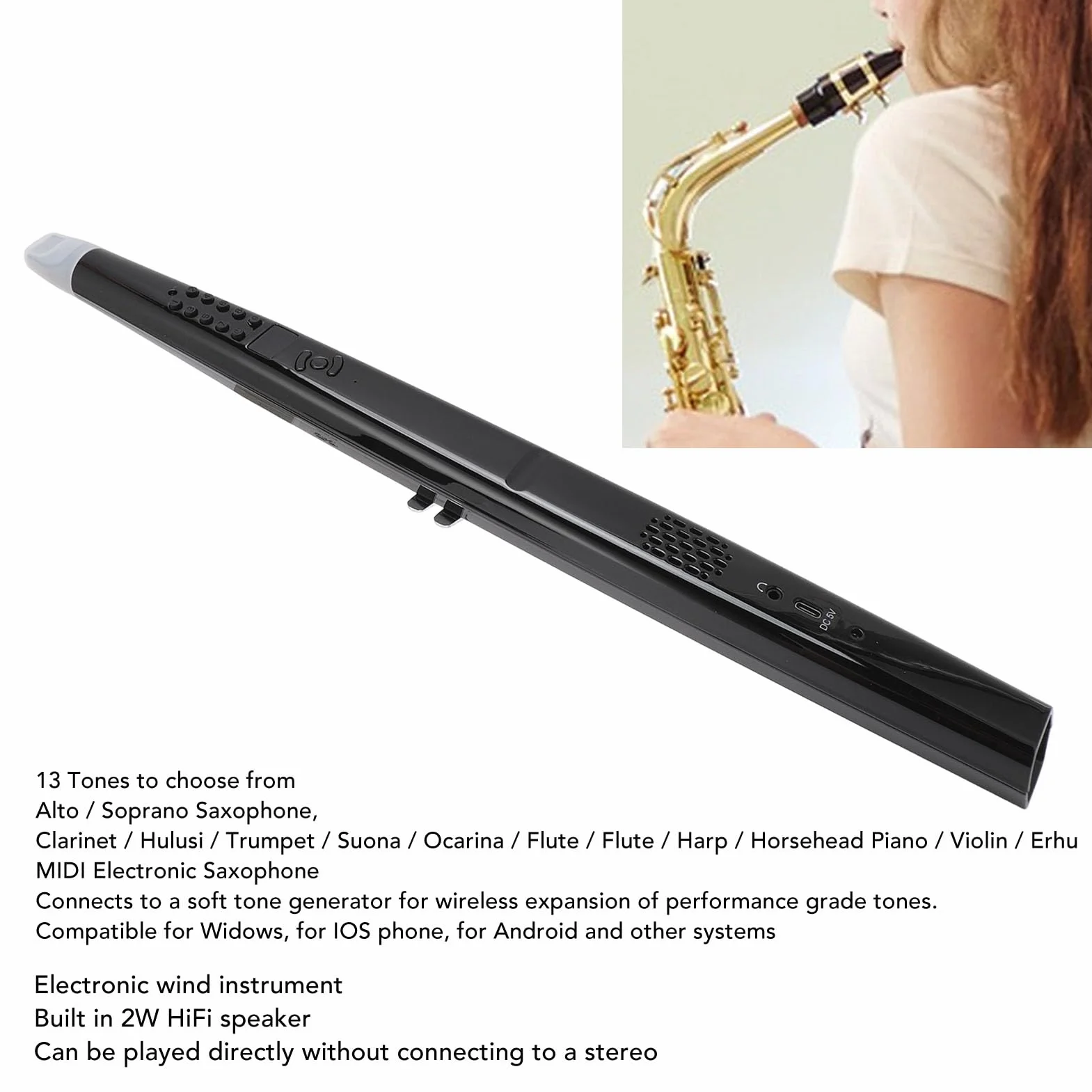Saxophone électronique MIDI, instrument à vent numérique, 13 hauteurs, volume réglable, 3 sensibilités de soufflage