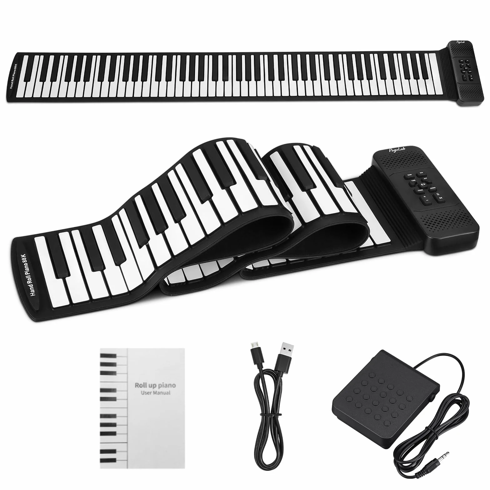 POGOLAB Clavier Piano 88 Touches Enroulable - Portable avec Bluetooth, 128 Tonalités, 128 Rythmes, Pédale