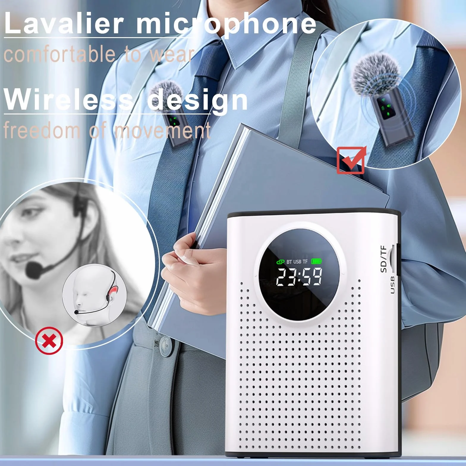 Amplificateur de Voix Sans Fil avec Microphone Lavalier 2,4 GHz Bluetooth pour Enseignants