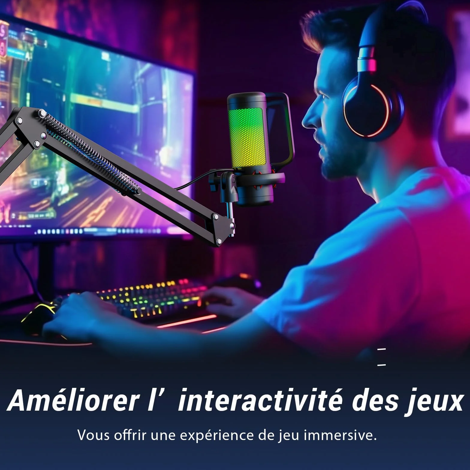 TONOR TC310+ Microphone USB RGB Condensateur Professionnel avec Support de Bras pour Streaming Enregistrement Jeux