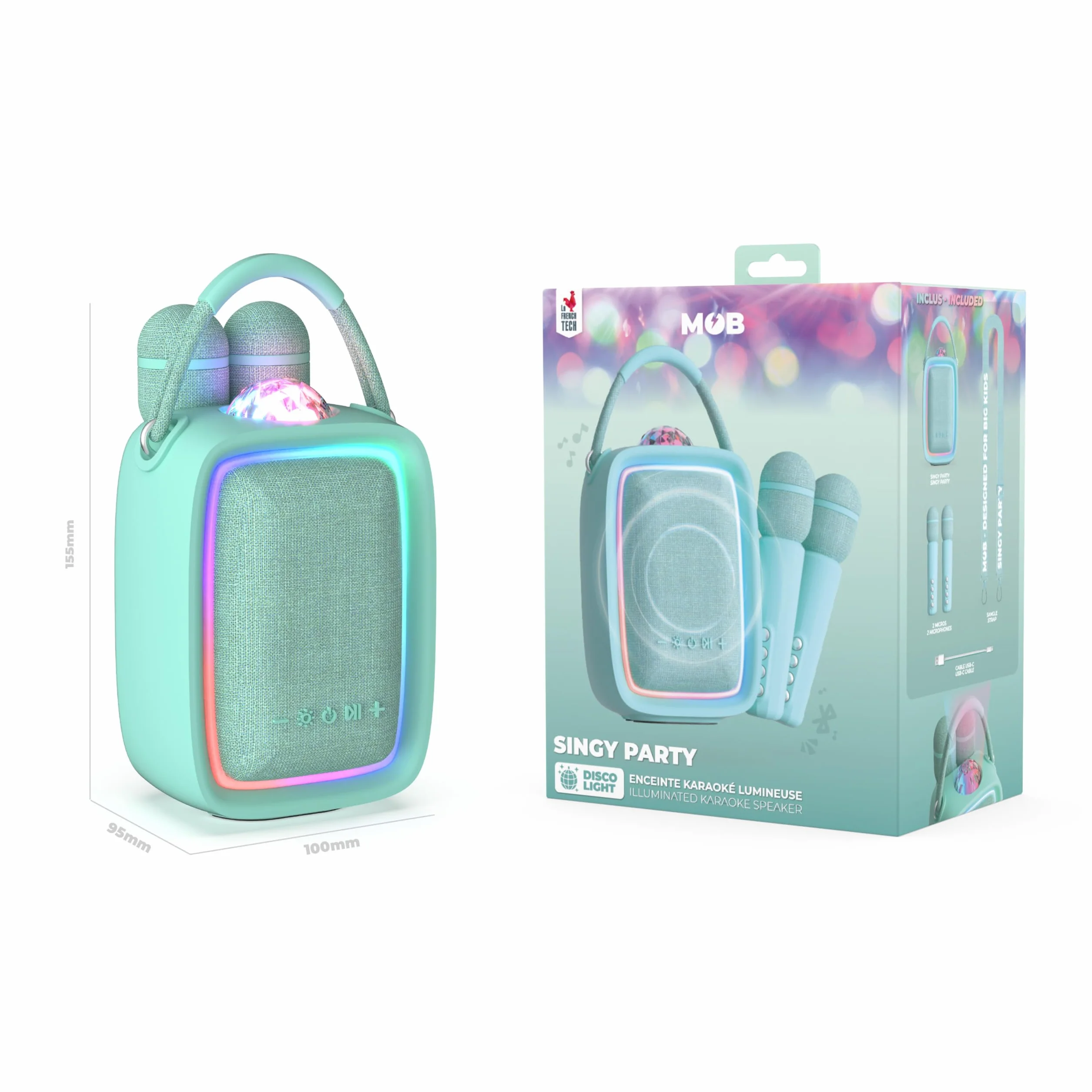 Enceinte Karaoké Portable pour Enfant et Adulte avec Projecteur Disco, 2 Micros sans Fil, Rechargeable USB-C, Carte SD - Menthe