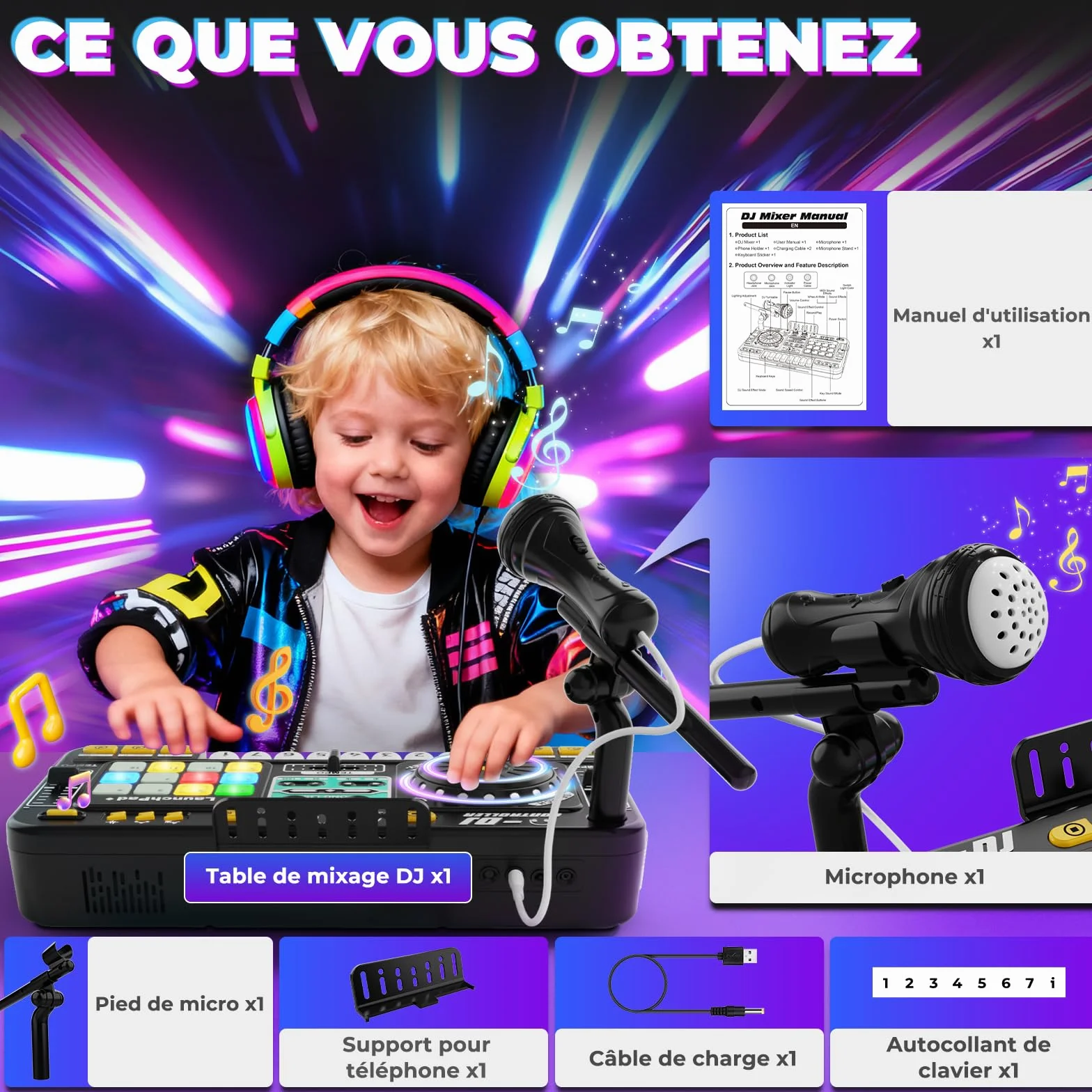 Table de mixage DJ pour enfants 3-10 ans avec microphone, 100 effets sonores, batterie, cadeau débutant garçon fille