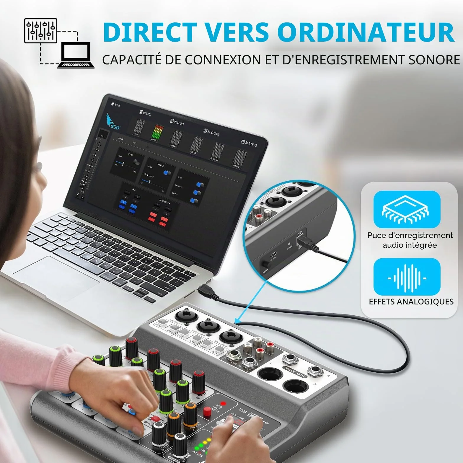 Aveek Console de mixage sonore 5 canaux USB Bluetooth Effets Réverbération delay Alimentation Fantôme 48V Mixeur DJ Stéréo