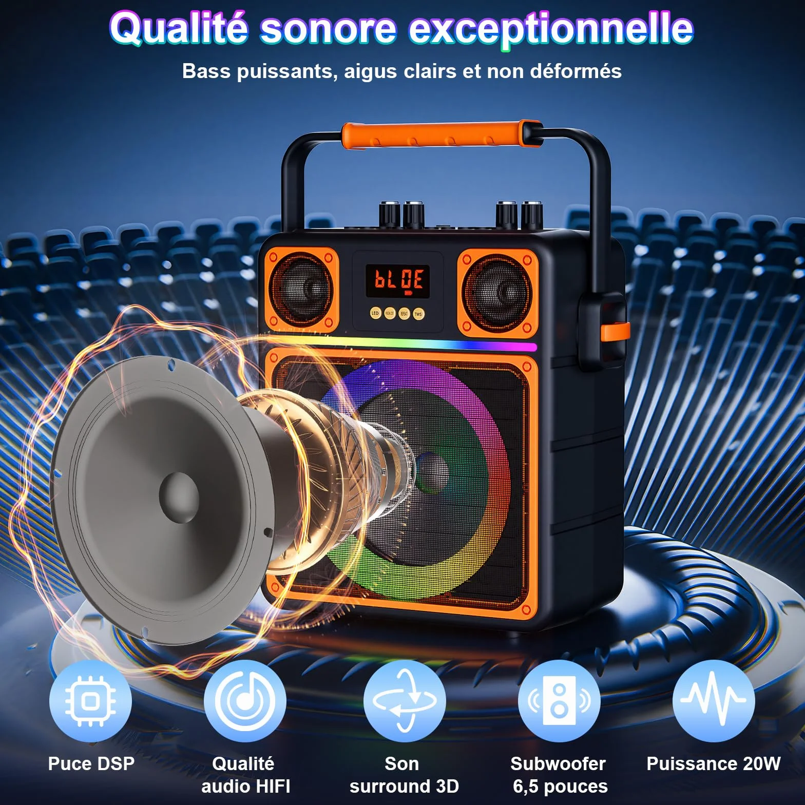 Machine de Karaoké Bluetooth Portable avec 2 Microphones Sans Fil, Haut-Parleur avec Lumières Disco, Supporte TWS/FM/AUX/USB/TF