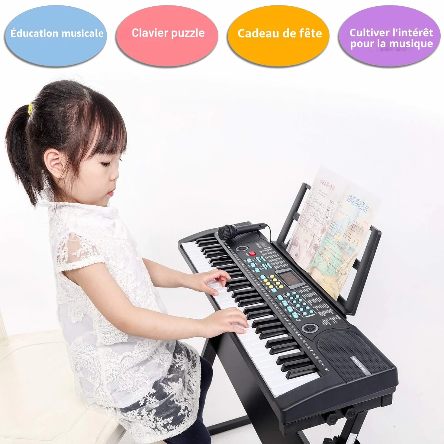 Clavier électronique 61 touches portable pour enfants avec microphone, pupitre (noir)