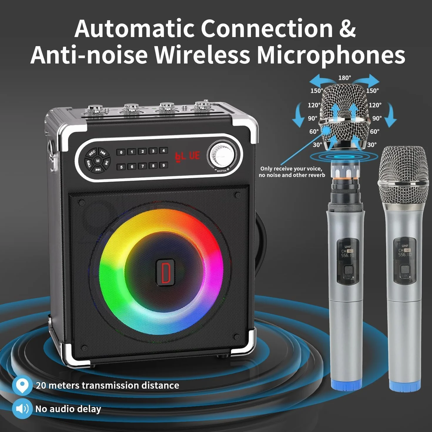 Karaoké avec 2 Microphones sans Fil, Enceinte Bluetooth 5.3 Portable avec Lumières LED, Système de Sonorisation