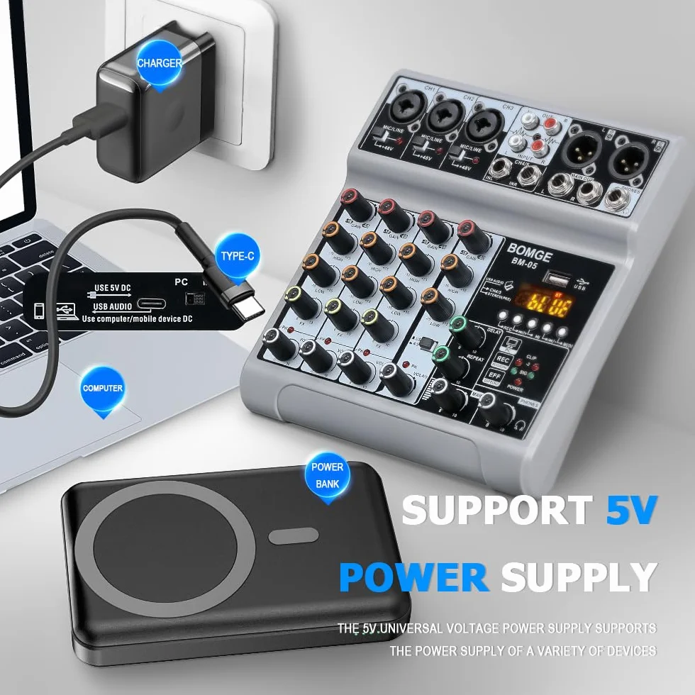 BOMGE Table de mixage audio 5 canaux USB Bluetooth effet retard d'écho alimentation fantôme 48 V mixeur DJ stéréo