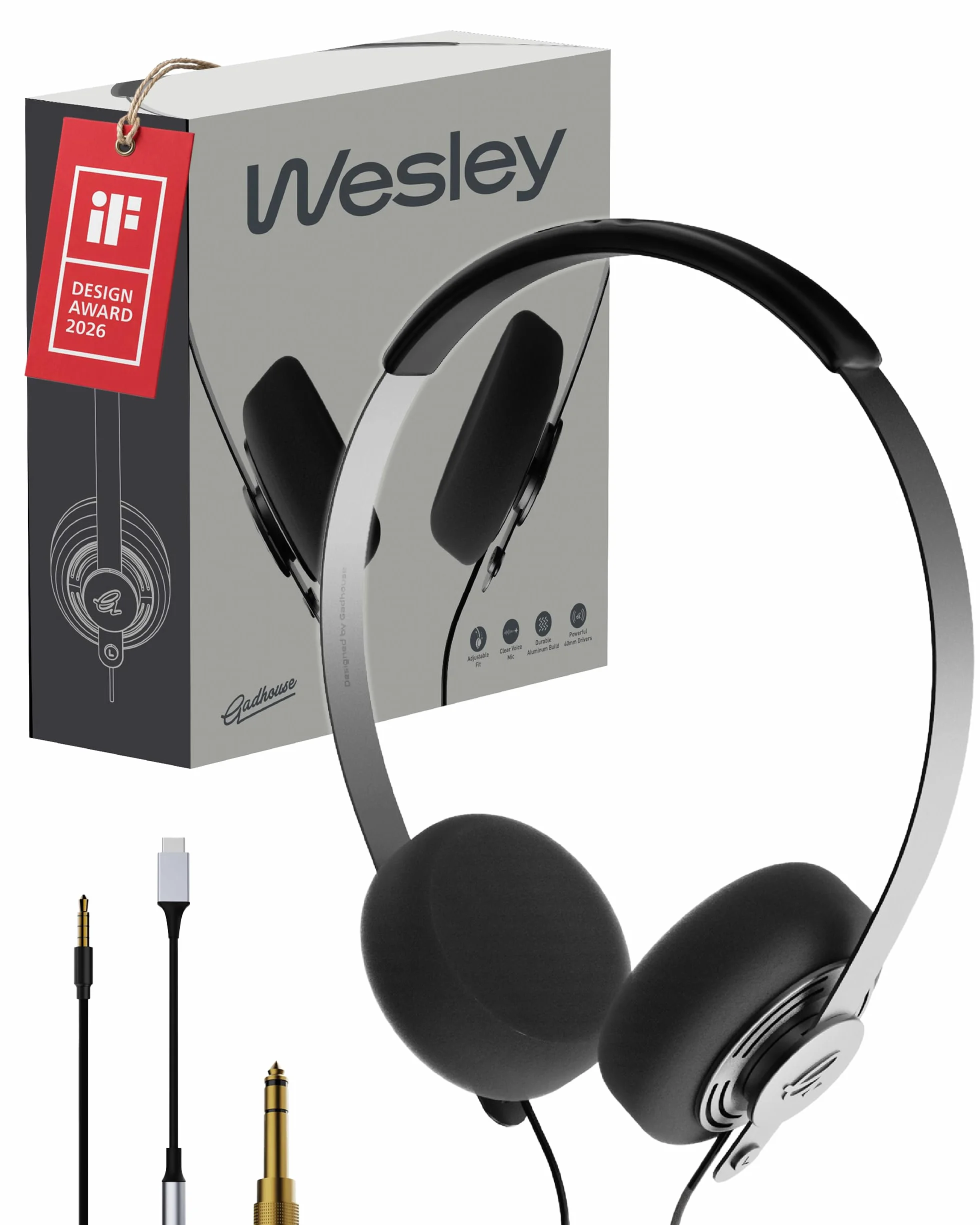 Gadhouse Wesley Casque rétro Filaire USB-C 3,5 mm Pilotes 40 mm Micro intégré Léger 105 g