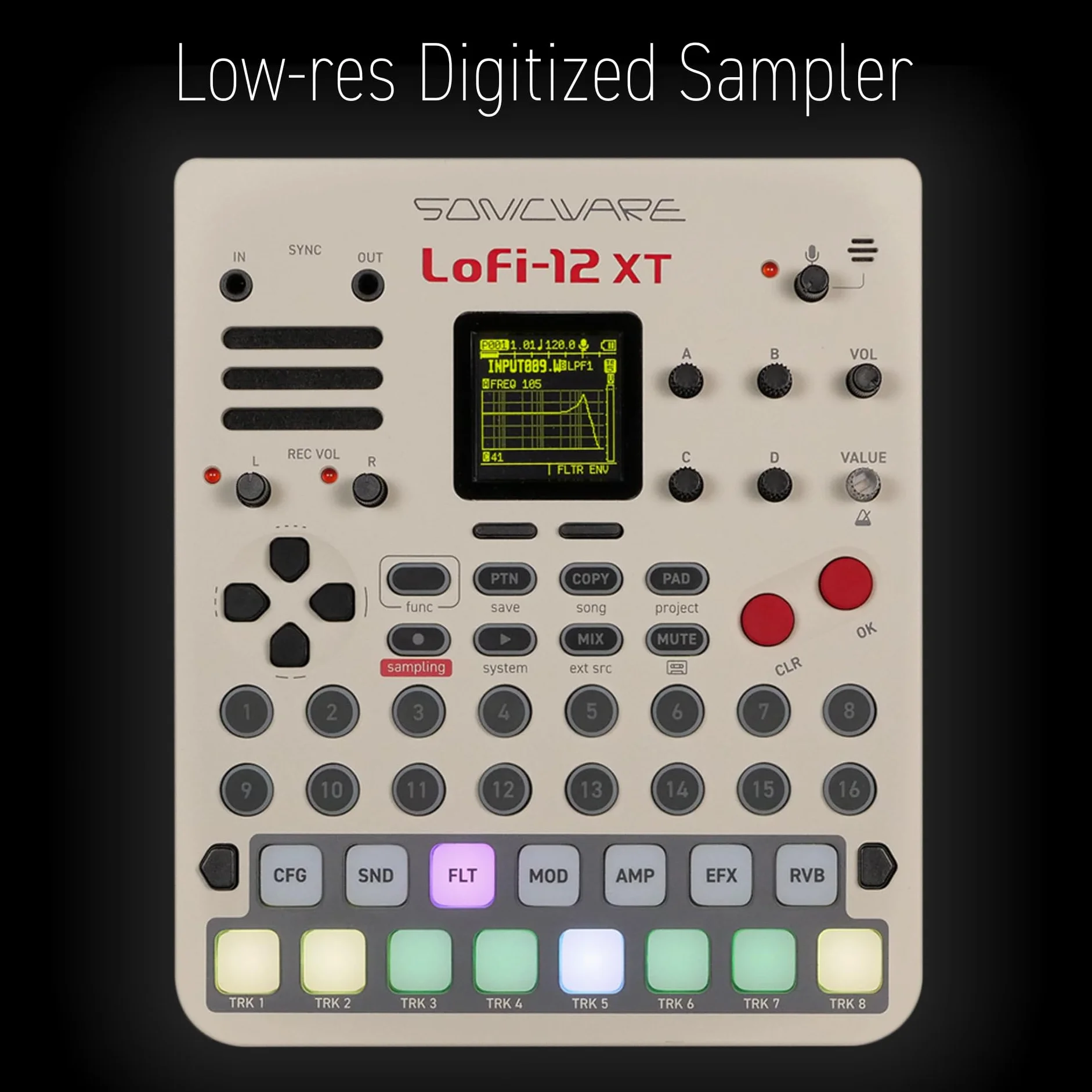Sonicware Lofi-12 XT Échantillonnage rétro 12bit séquenceur pas à pas 8 pistes 26 effets 15 pads vélocité LED RGB