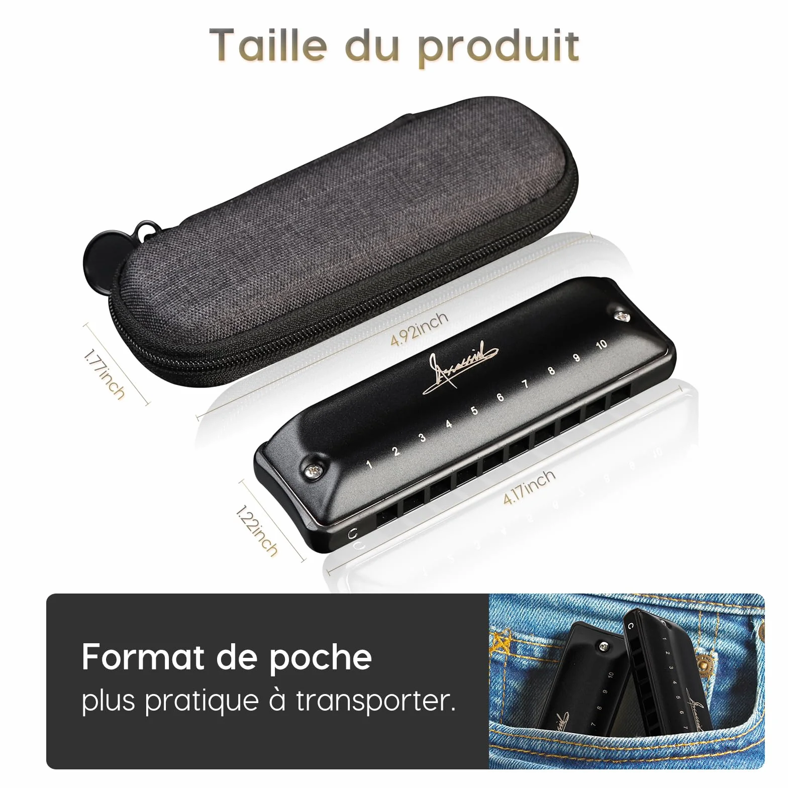 JDR Harmonica Clé de C 10 Trous 20 Tonalités pour Adultes Enfants Professionnels Débutants avec Etui