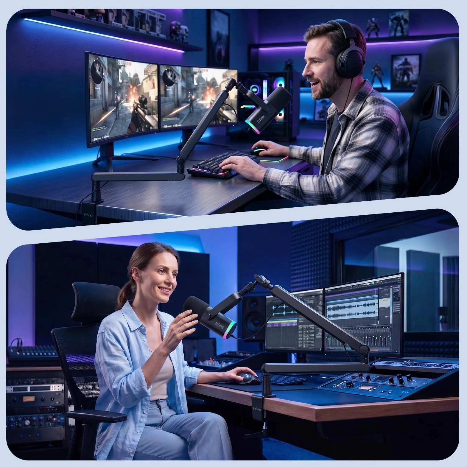 FIFINE Bras de Micro, Support Microphone avec Pince de Bureau, Adaptateur Vis, Gestion Câbles pour Podcast Streaming Studio Gaming