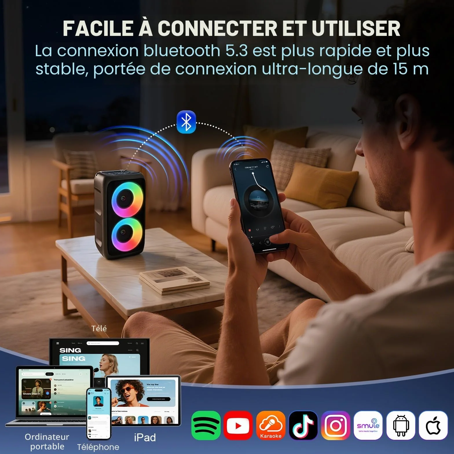 Karaoke Adulte Haut-Parleur Bluetooth Portable avec 2 Microphones sans Fil Système PA Lumières