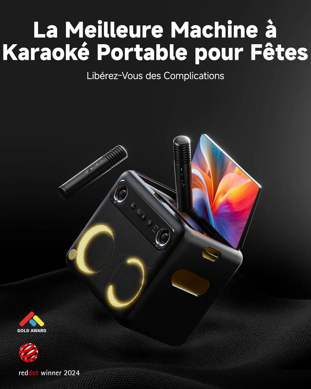 Karaoké Adulte avec Écran, Haut-Parleur Bluetooth Portable avec 2 Microphones sans Fil, Lumières LED pour Fêtes Break X2 Noir