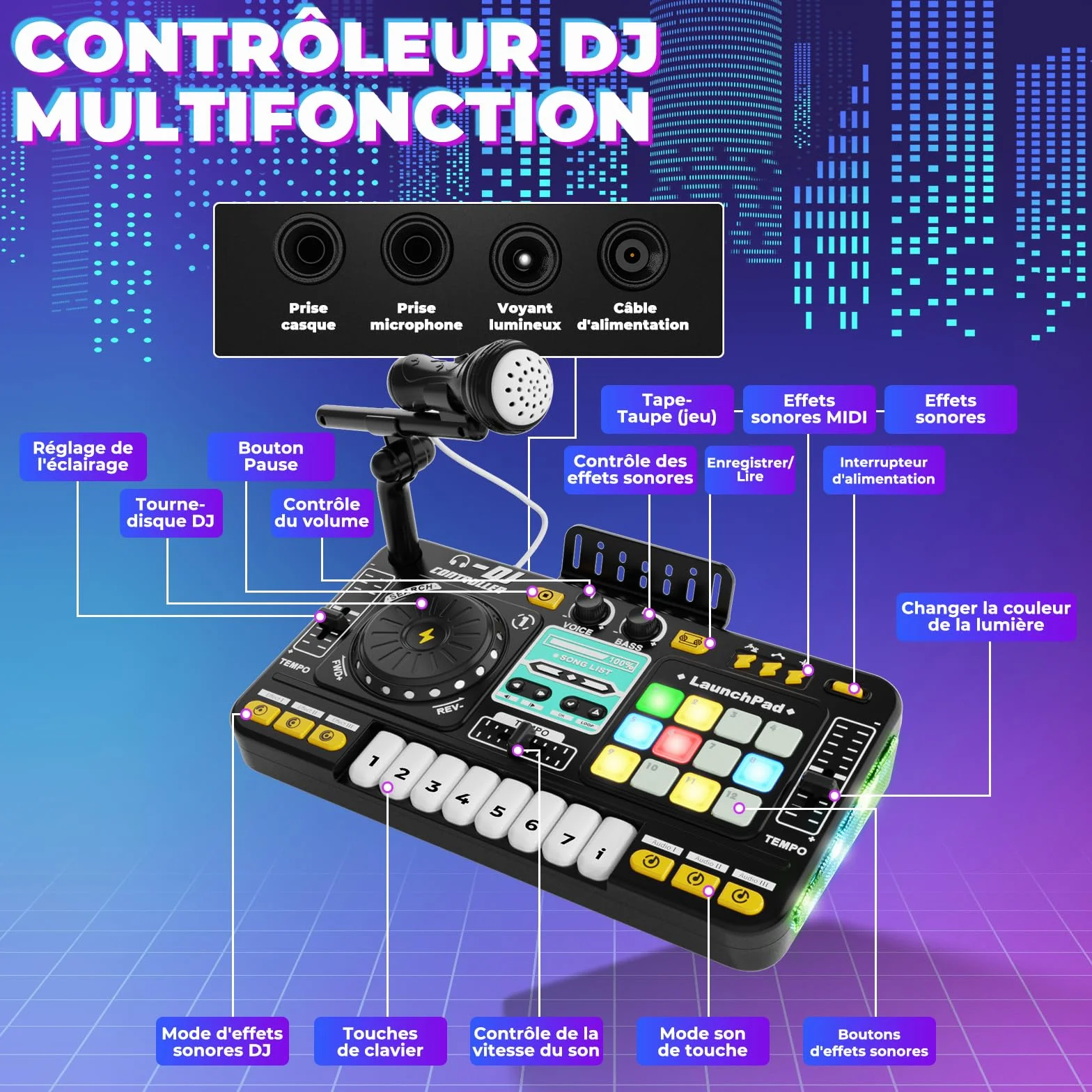 Table de mixage DJ pour enfants 3-10 ans avec microphone, 100 effets sonores, batterie, cadeau débutant garçon fille