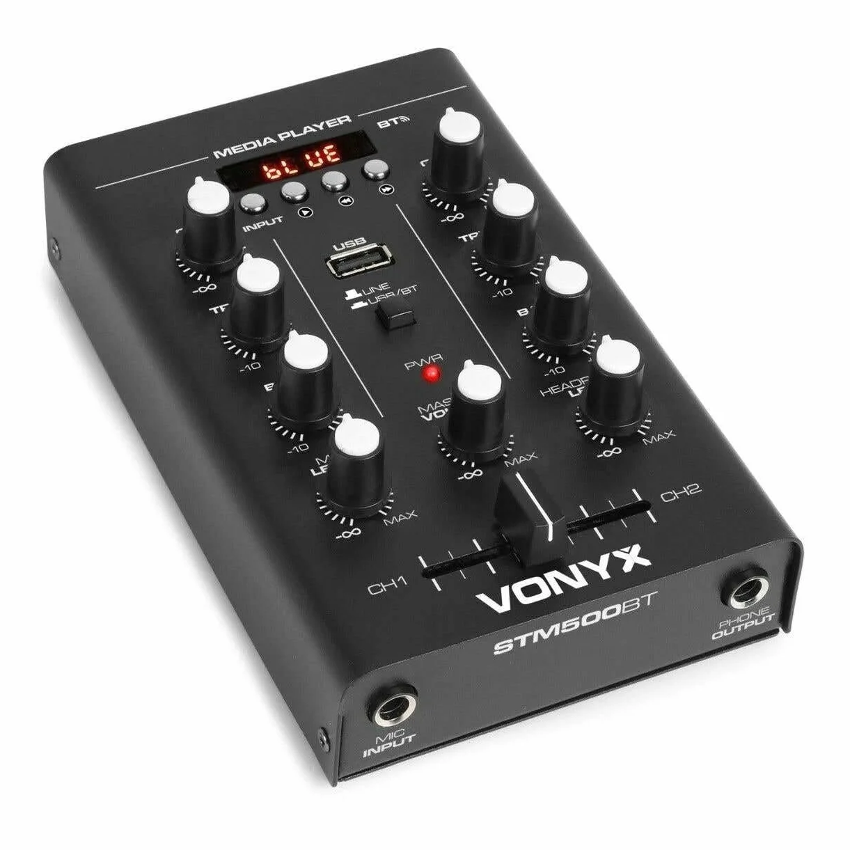 Vonyx STM500BT Table de Mixage Bluetooth 2 Canaux avec Lecteur MP3, Crossfader, Entrée USB, Micro, Sortie Casque, Egaliseur 2 Bandes