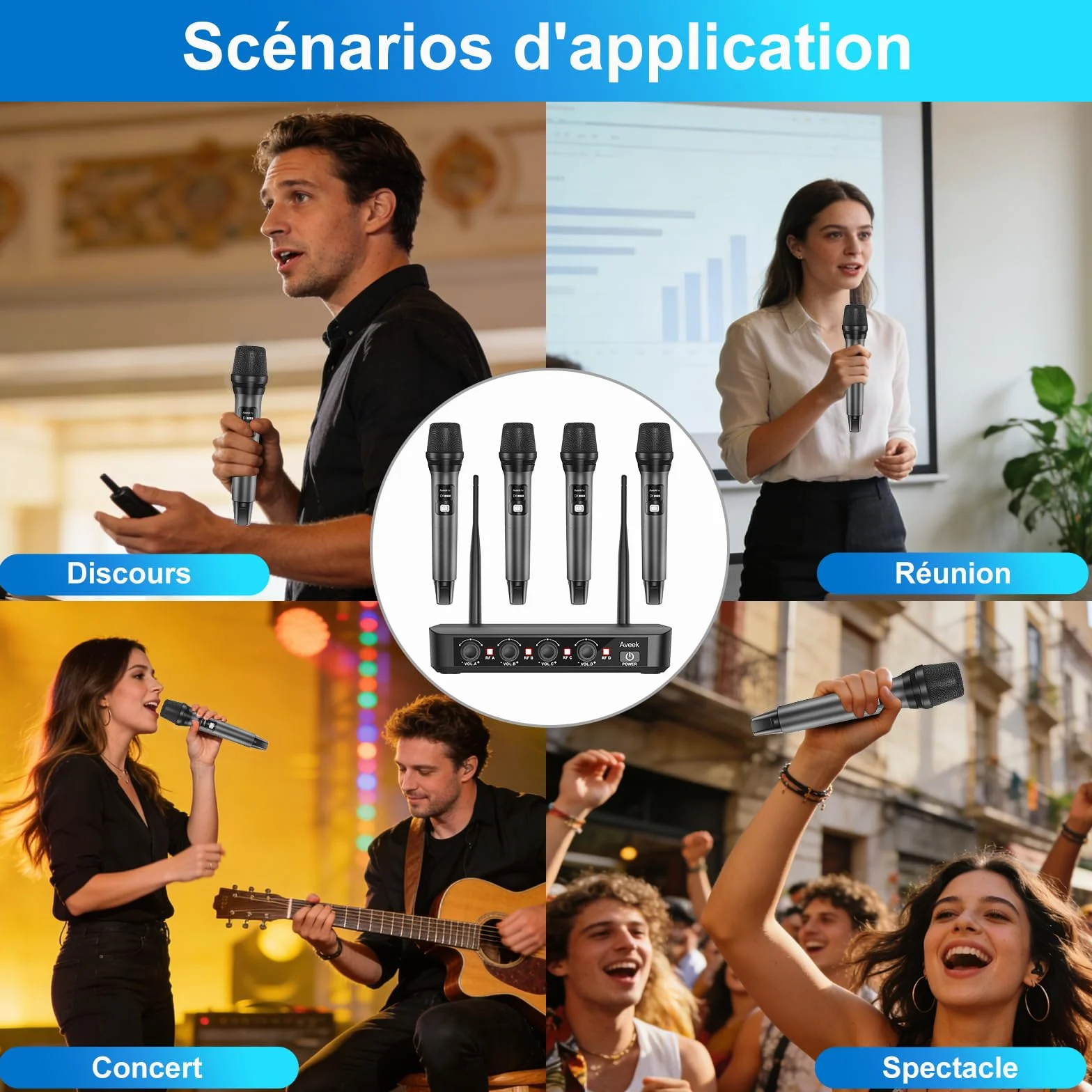 Aveek Système de microphone sans fil avec 4 micros dynamiques portatifs, portée 80 m, batterie 40 heures, faible latence