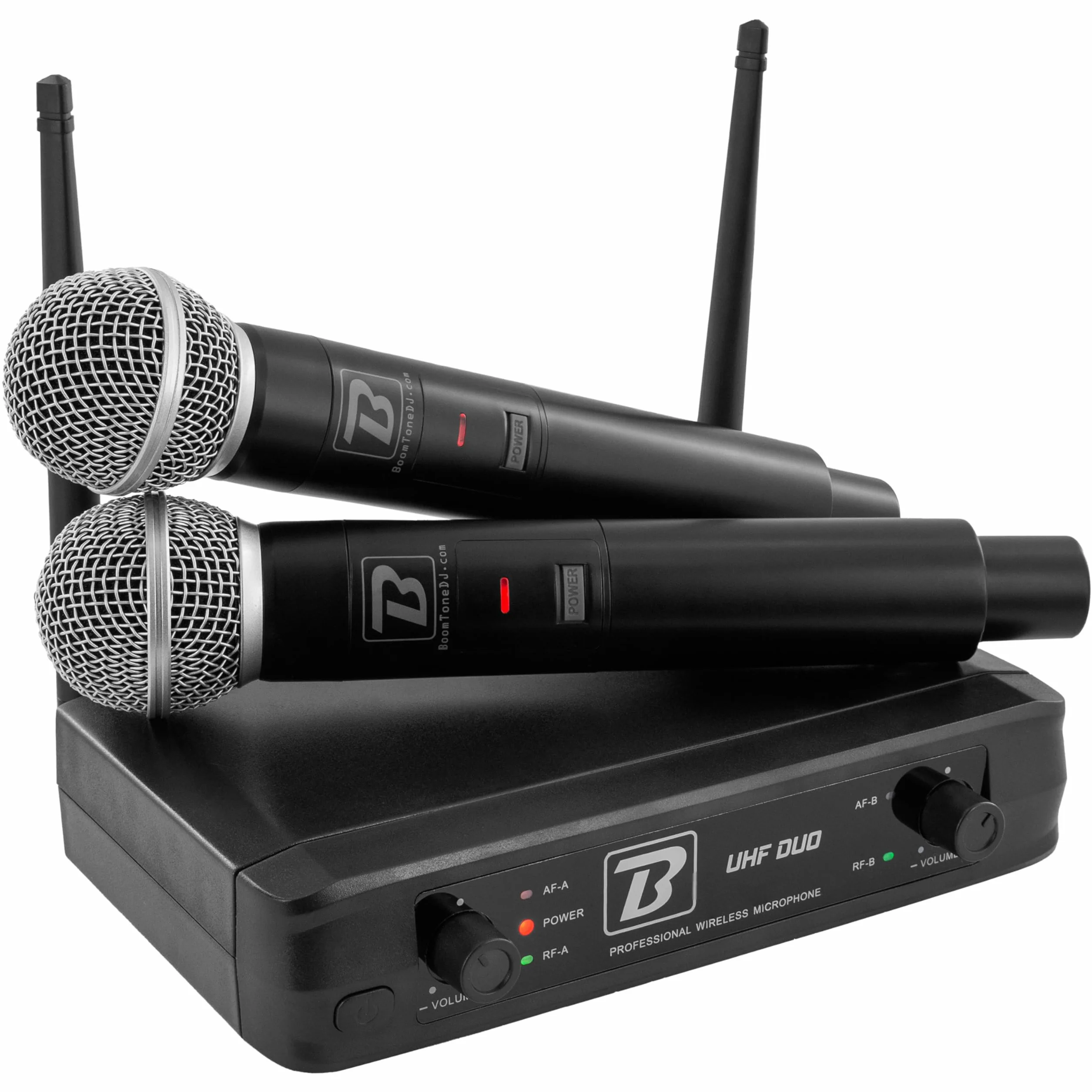 BoomToneDJ UHF Duo Système Complet Micros Sans Fil 2 Microphones Dynamiques Main Double Canal