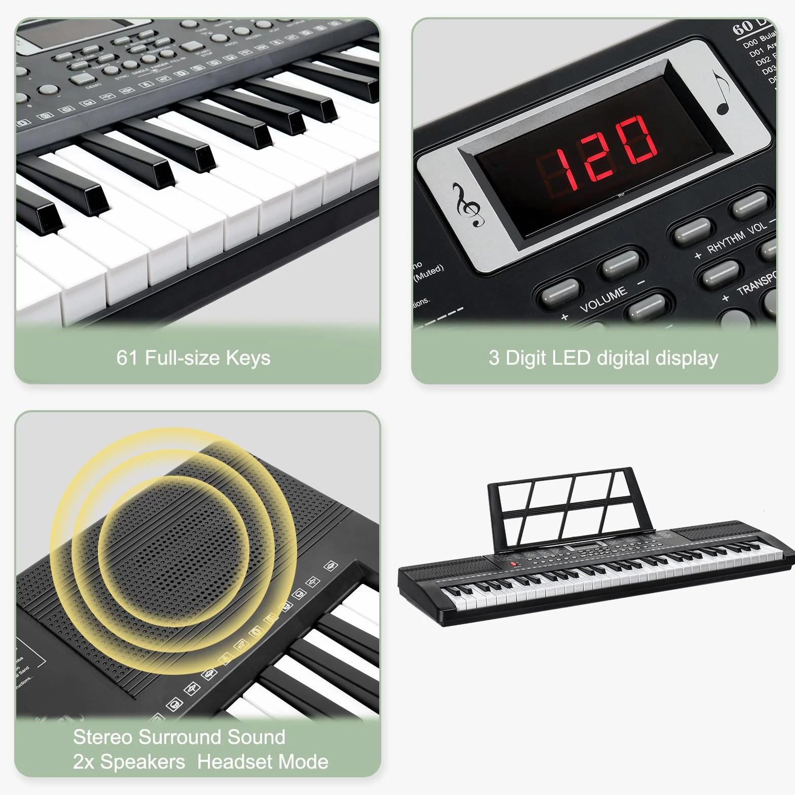 LEADZM Piano Numérique 61 Touches avec Support, Banc, Pupitre, Casque, Microphone, Écran LED, 3 Modes d'Apprentissage pour Débutants Noir
