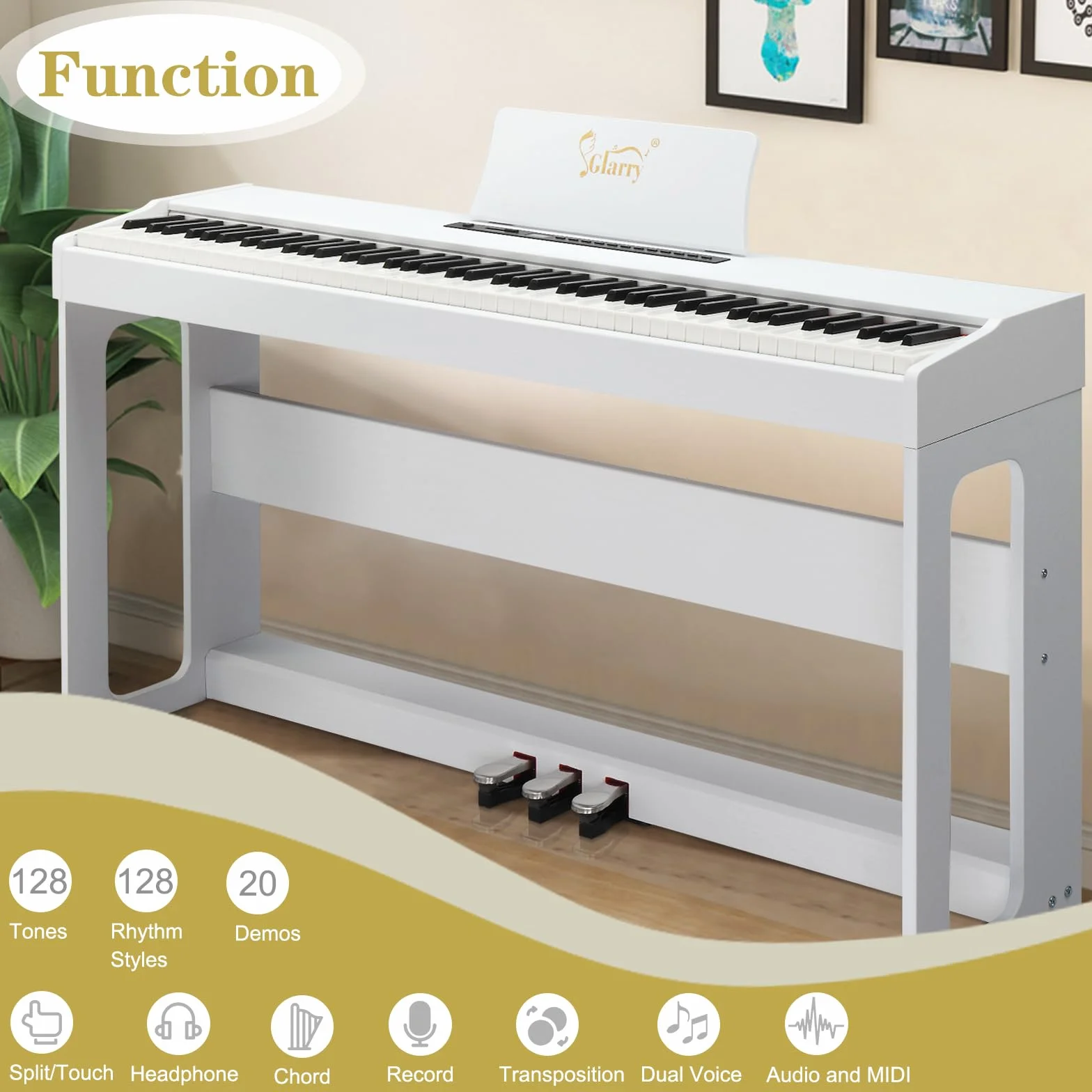 Piano Numérique 88 Touches Pondérées Glarry Domicile avec MIDI-USB, Bluetooth, Haut-Parleurs Stéréo, Action du Marteau, Clavier Fullsize Blanc