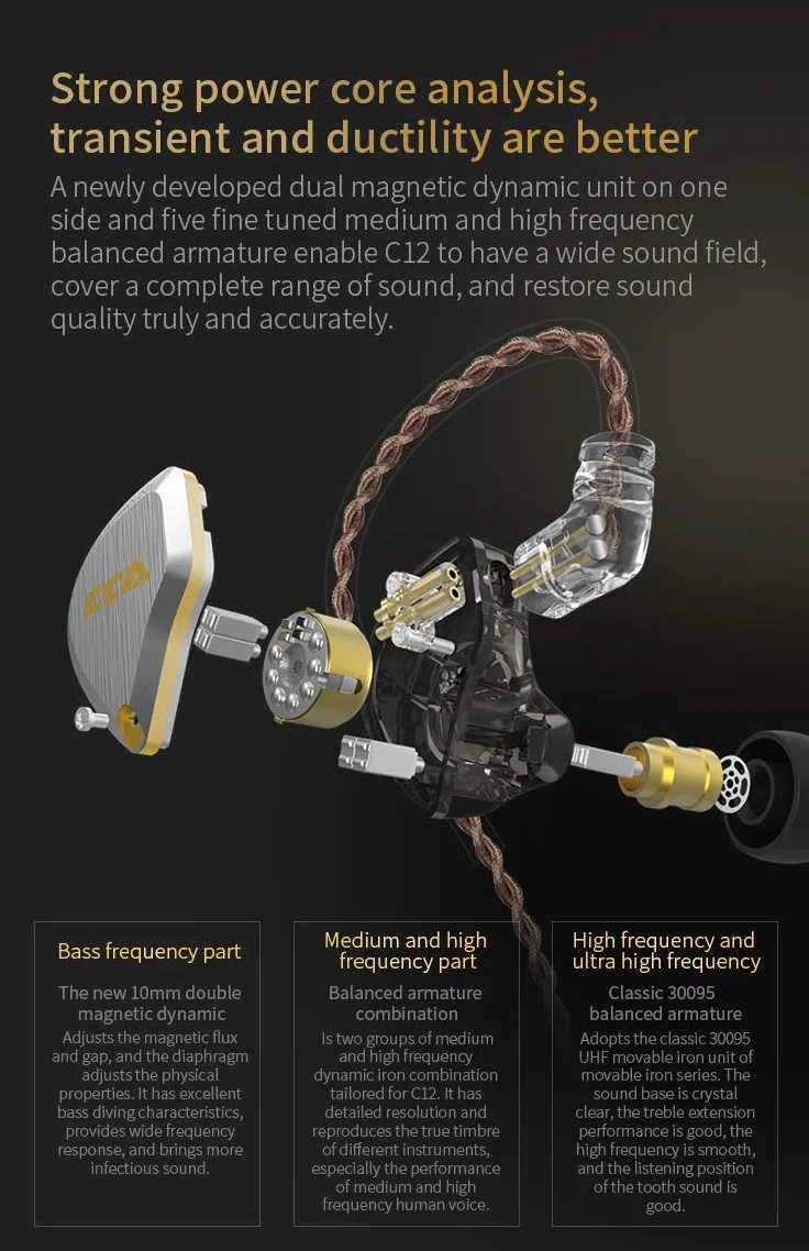 CCA C12 Écouteurs Intra-Auriculaires 5 BA 1DD Hybrides Pilotes Filaires HiFi
