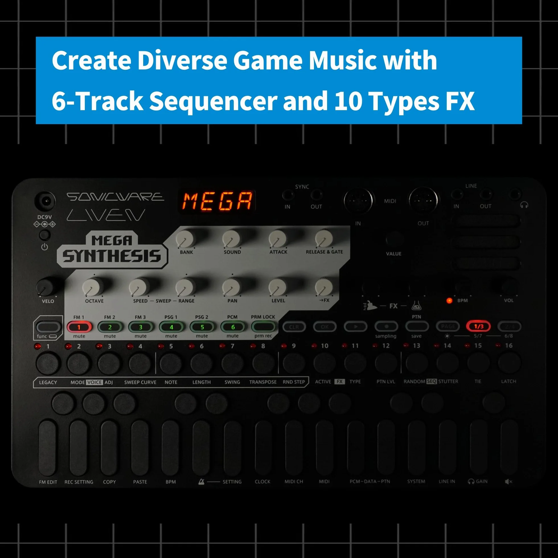 Sonicware Liven MEGA SYNTHESIS Compositeur de musique rétro 320 sons FM 64 kits percussions PCM séquenceur 6 pistes 10 effets
