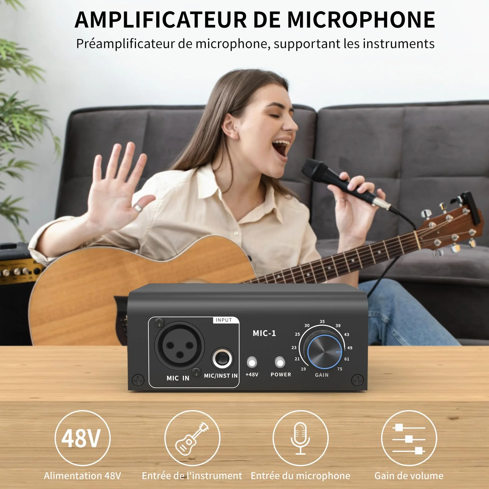 XTUGA XIC1 Préampli micro 2 entrées 75db Gain 48V Phantom Power XLR