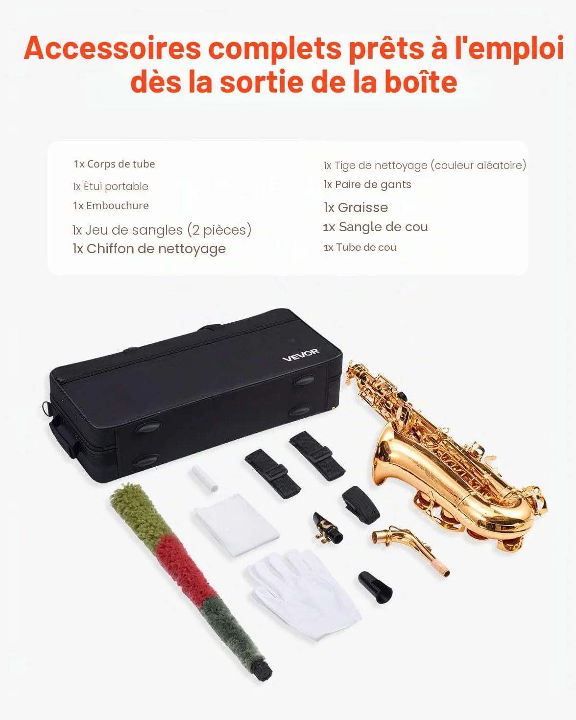 VEVOR Saxophone Alto Mi Bémol Débutants Laiton Résistant Étui Transport Bec Sangles Chiffon Nettoyage Gants Sangle Cou 23 Touches Doré