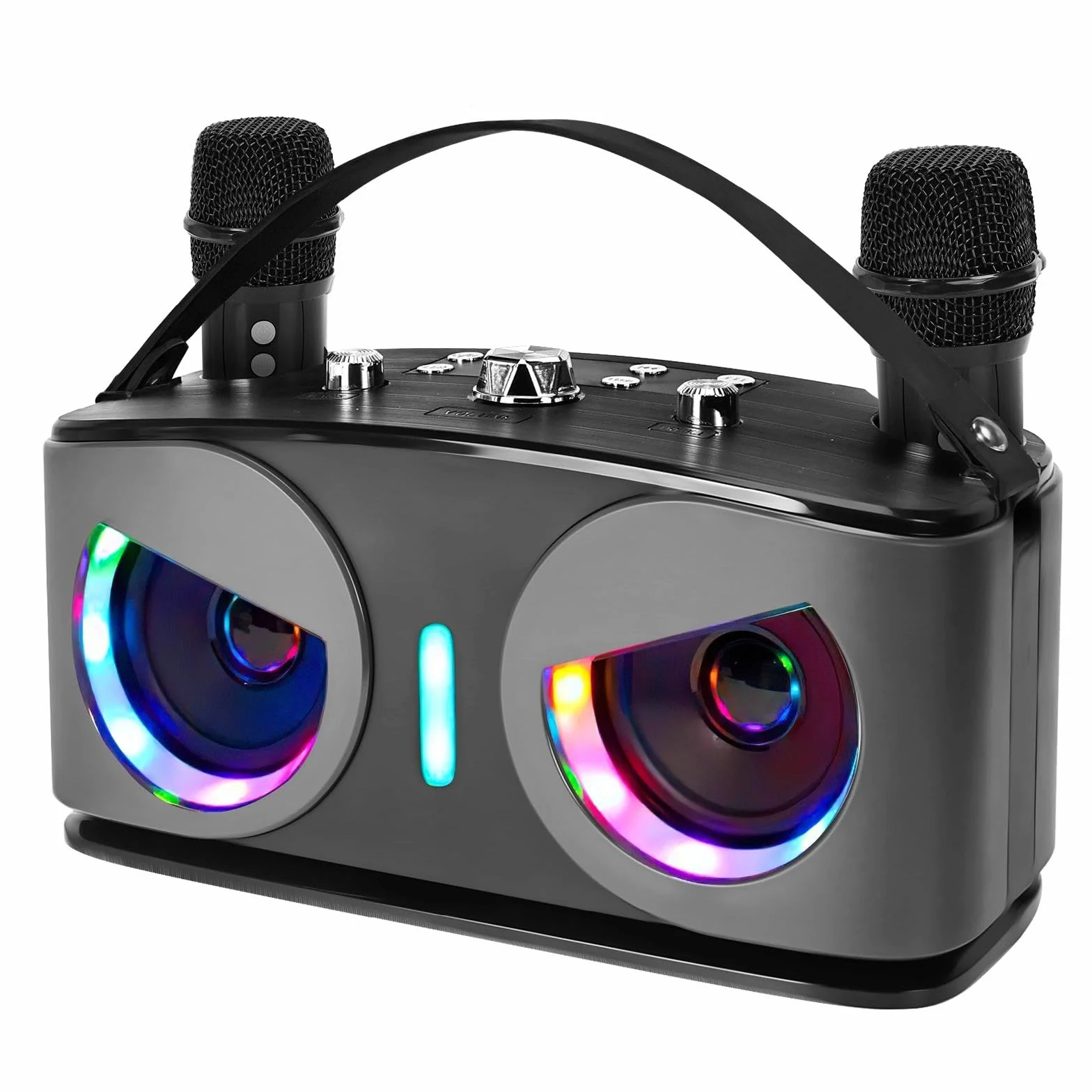 Machine de Karaoké Bluetooth Portable avec 2 Microphones sans Fil, Lumières Disco, Supporte TV/USB/AUX/TF/FM
