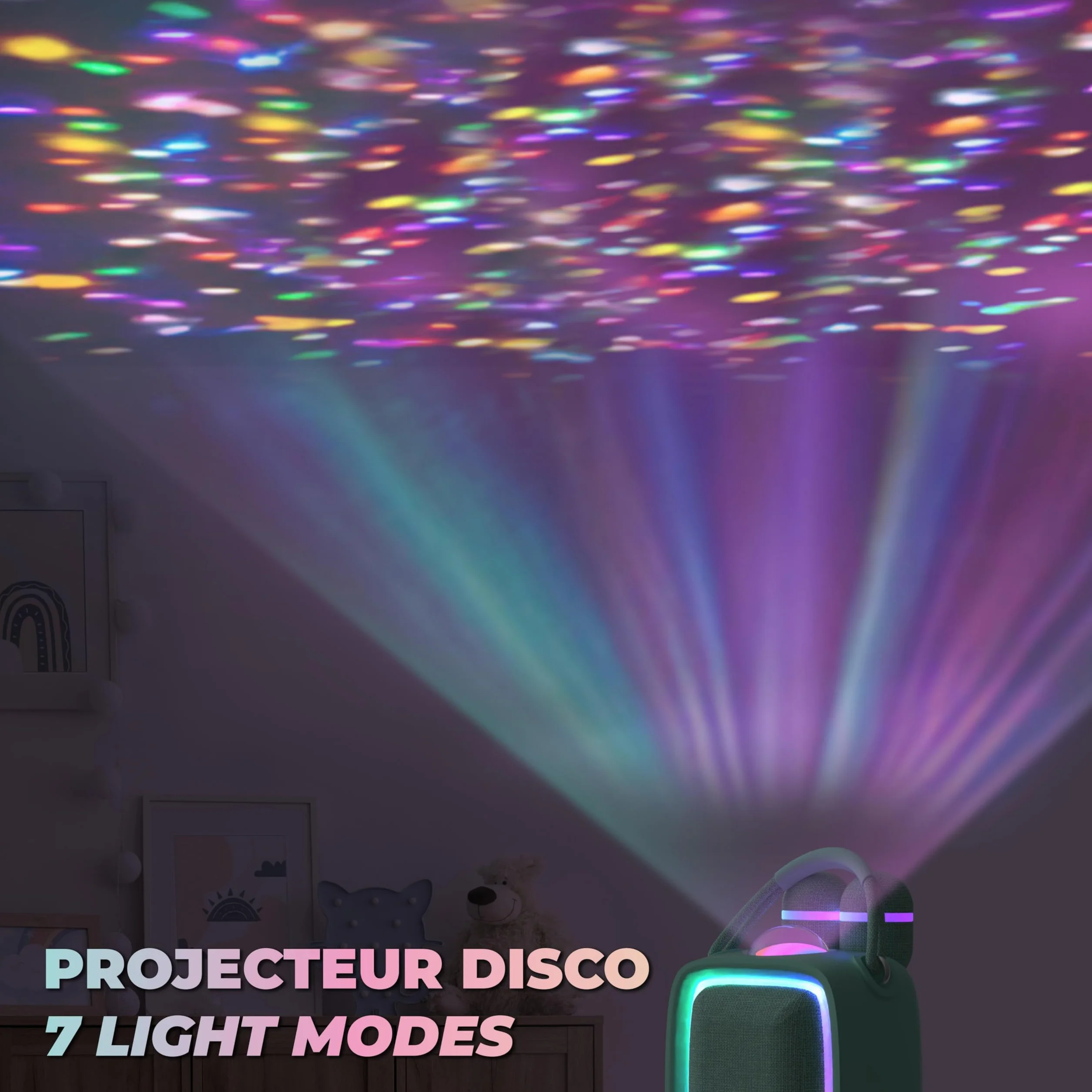 Enceinte Karaoké Portable pour Enfant et Adulte avec Projecteur Disco, 2 Micros sans Fil, Rechargeable USB-C, Carte SD - Menthe