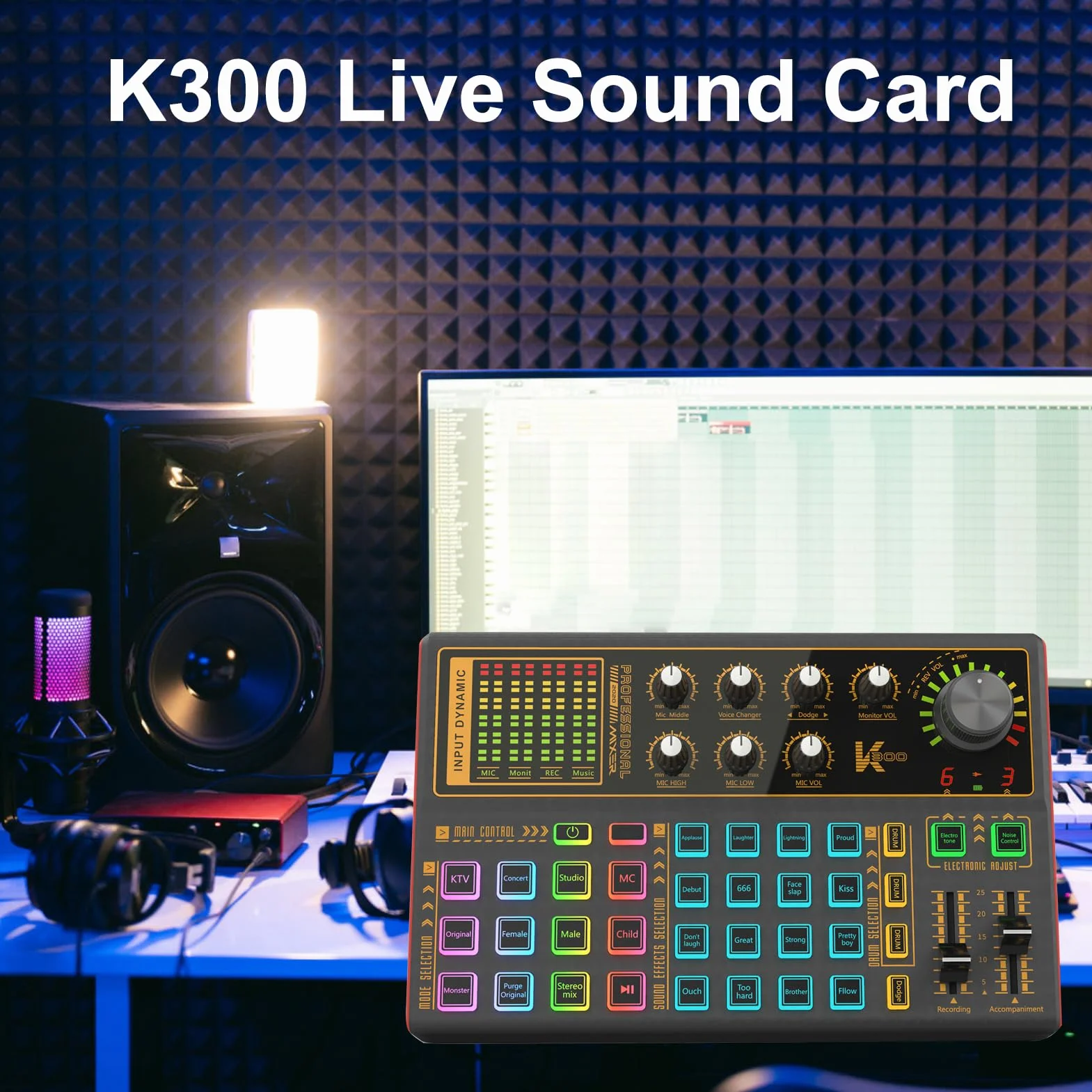 Docooler K300 Carte son DJ avec effets de mixage, modificateur de voix et lumière LED pour streaming