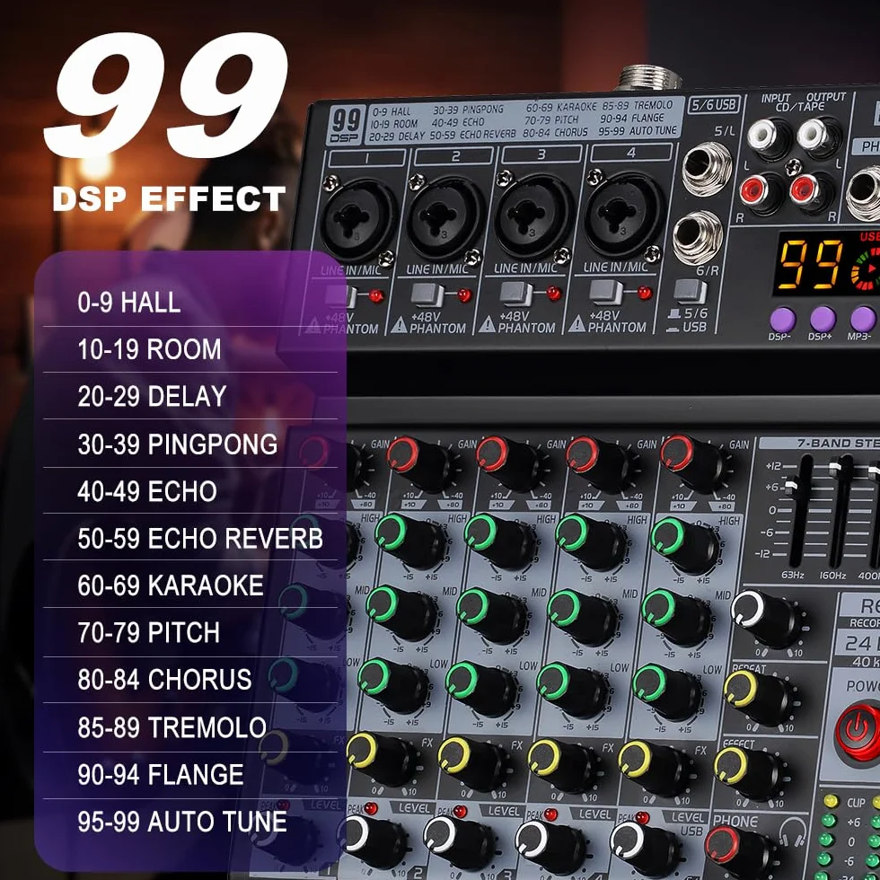 BOMGE Mixeur audio DJ professionnel 6 canaux 99 effets DSP égaliseur 7 bandes 48V Bluetooth USB enregistrement studio