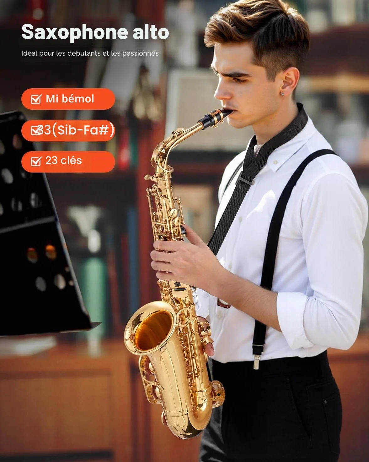 VEVOR Saxophone Alto Mi Bémol Débutants Laiton Résistant Étui Transport Bec Sangles Chiffon Nettoyage Gants Sangle Cou 23 Touches Doré