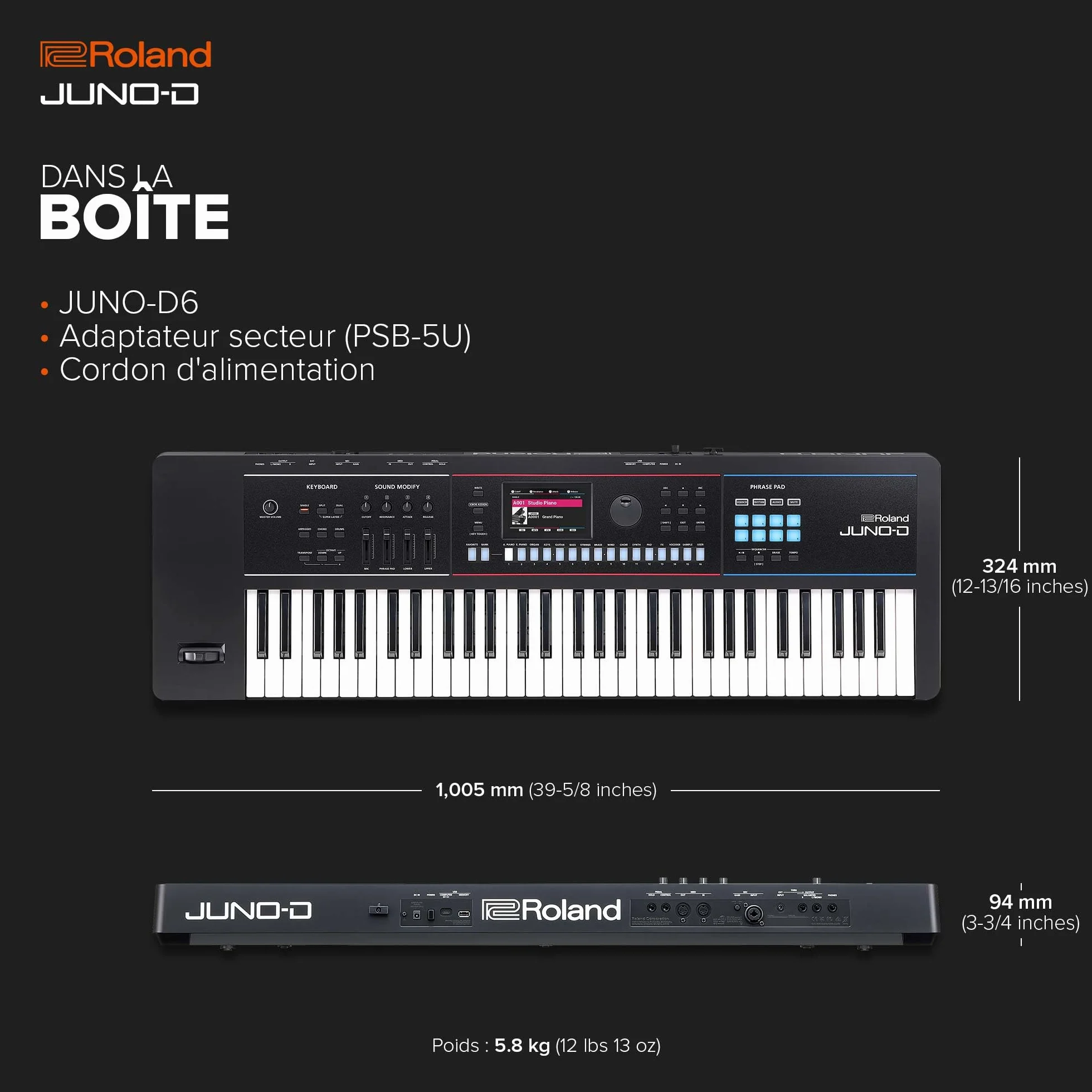 Roland JUNO-D6 Synthétiseur 61 touches ZEN-Core 3800 sons Audio/MIDI USB-C