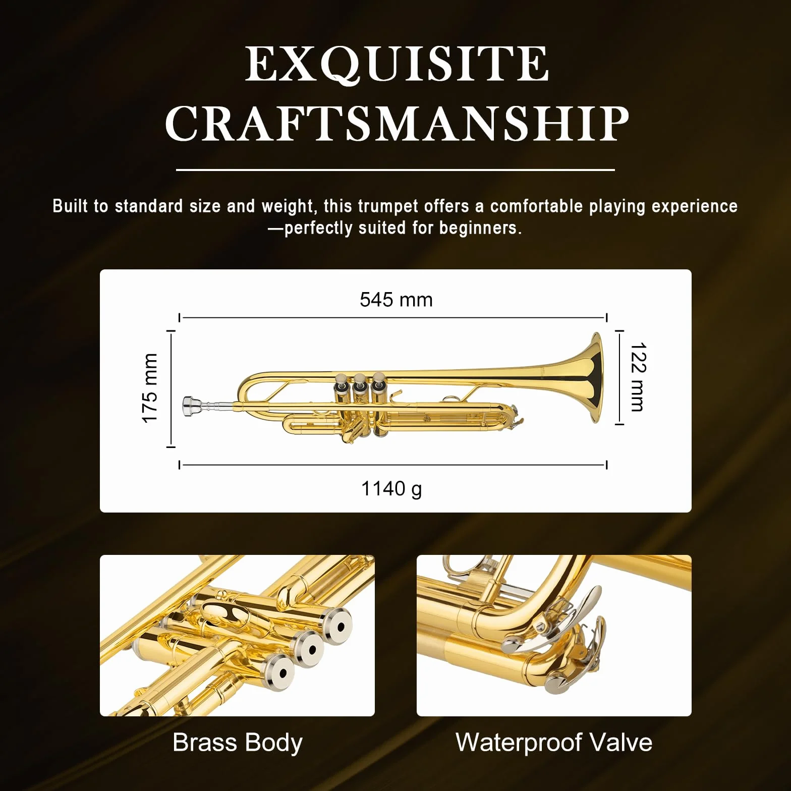 SONICAKE Trompette Bb Standard Débutants Laiton Doré Étui Rigide Embouchure 7C Gants QTP-01