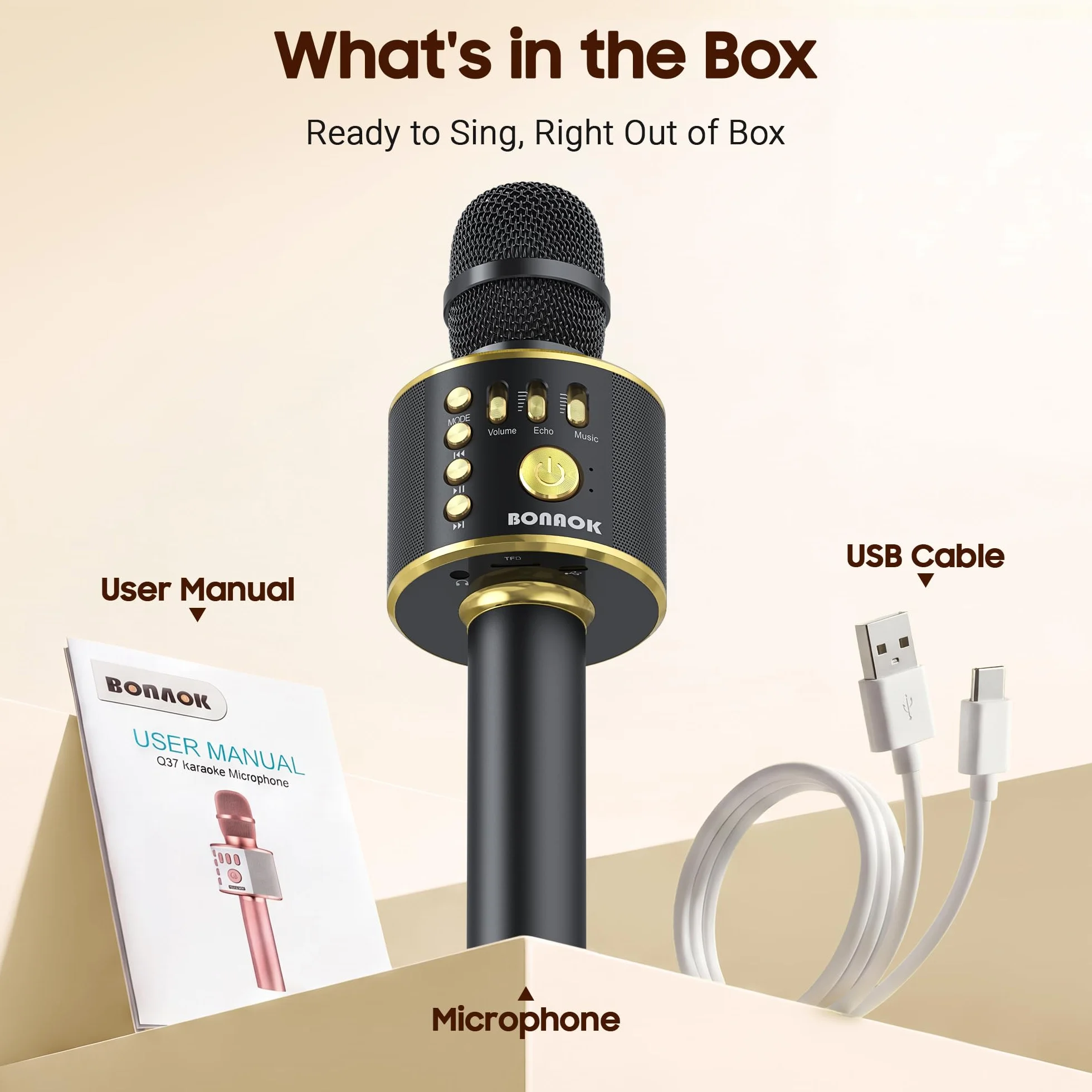 BONAOK Microphone sans Fil Karaoké Bluetooth Lecteur Enregistreur Mini Noir