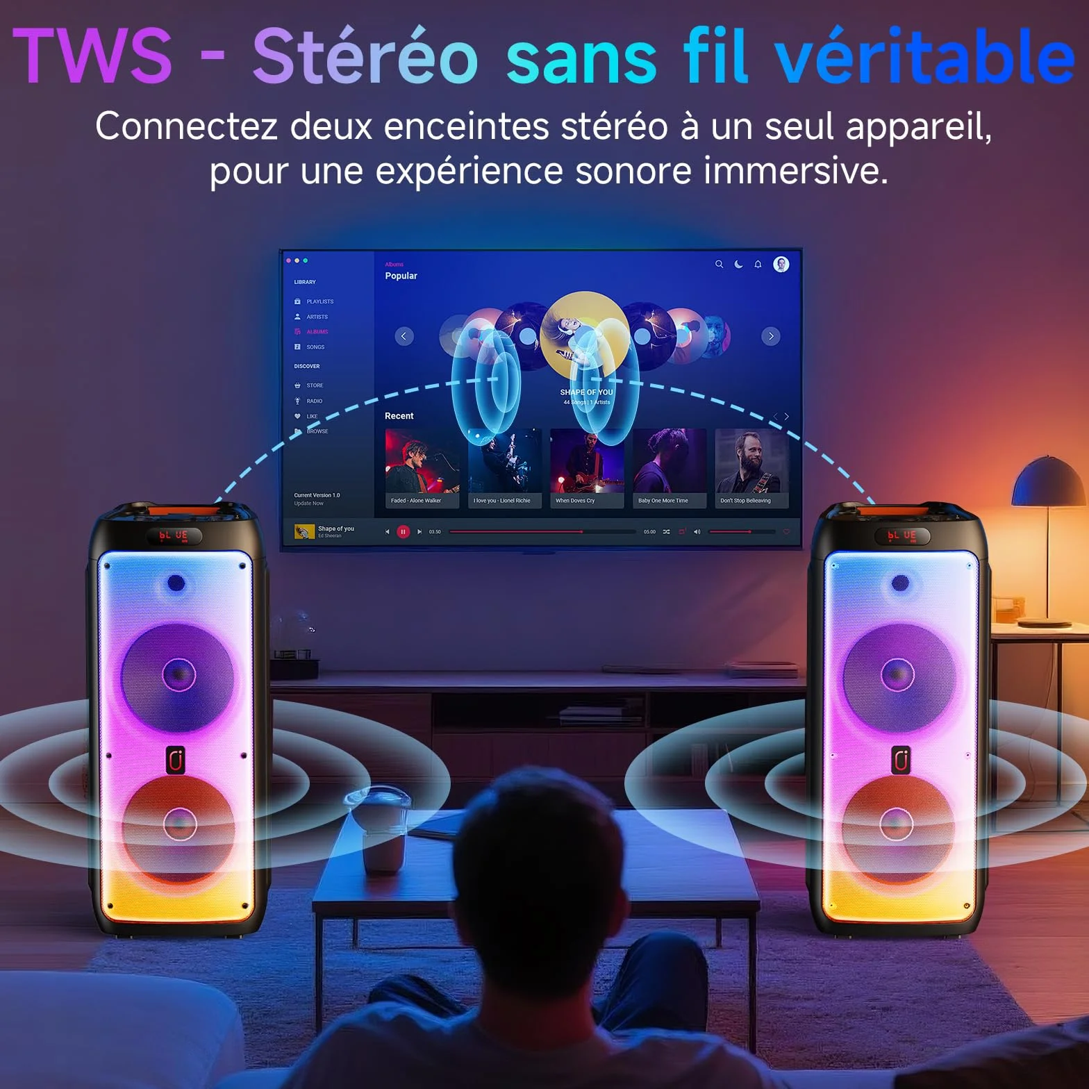 Système Karaoke Bluetooth Portable avec 2 Microphones sans Fil, Enceinte LED Professionnelle, Support USB/TF/AUX/MIC/TWS