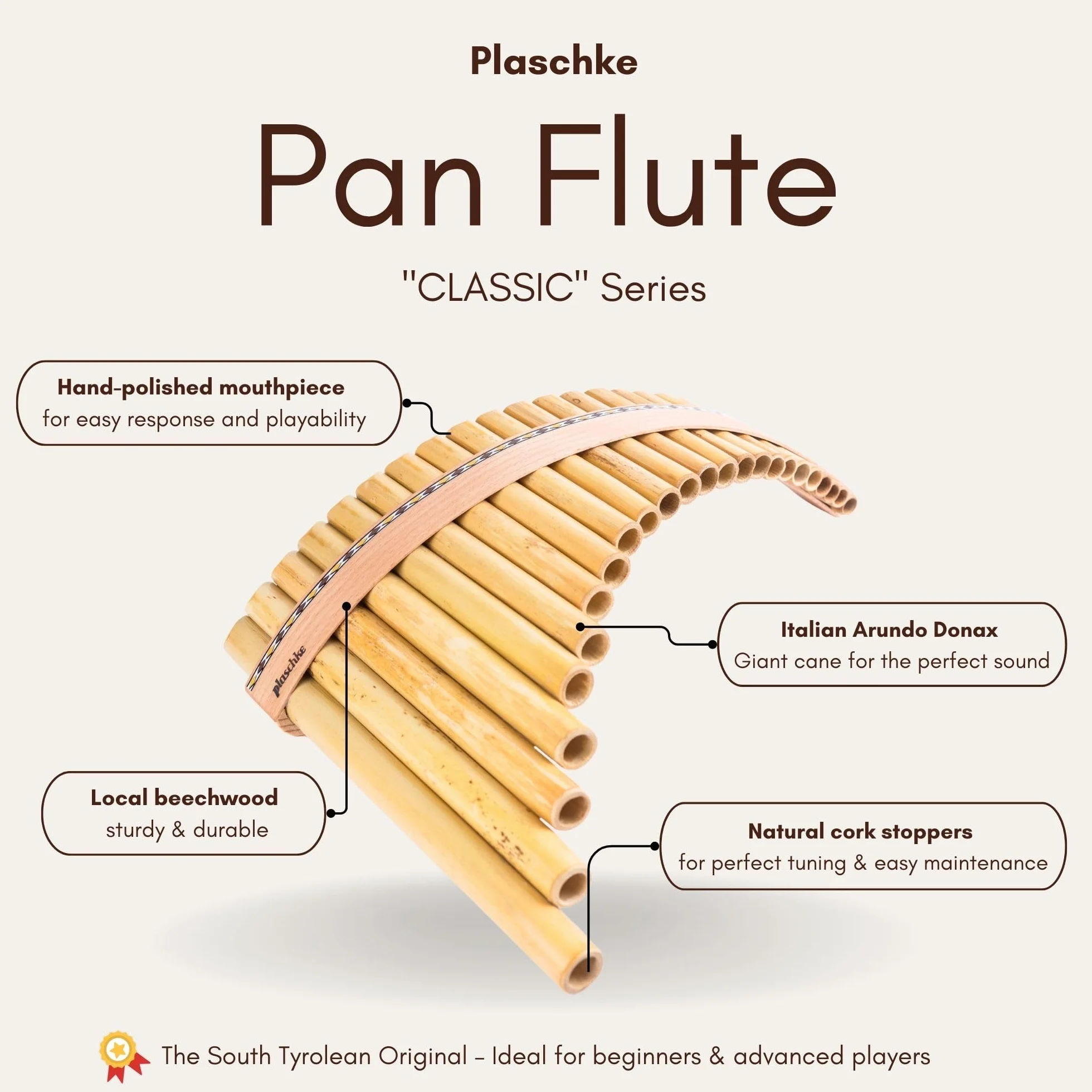 Flûte de Pan Plaschke 12 tubes en bois fait main avec livre d'instructions