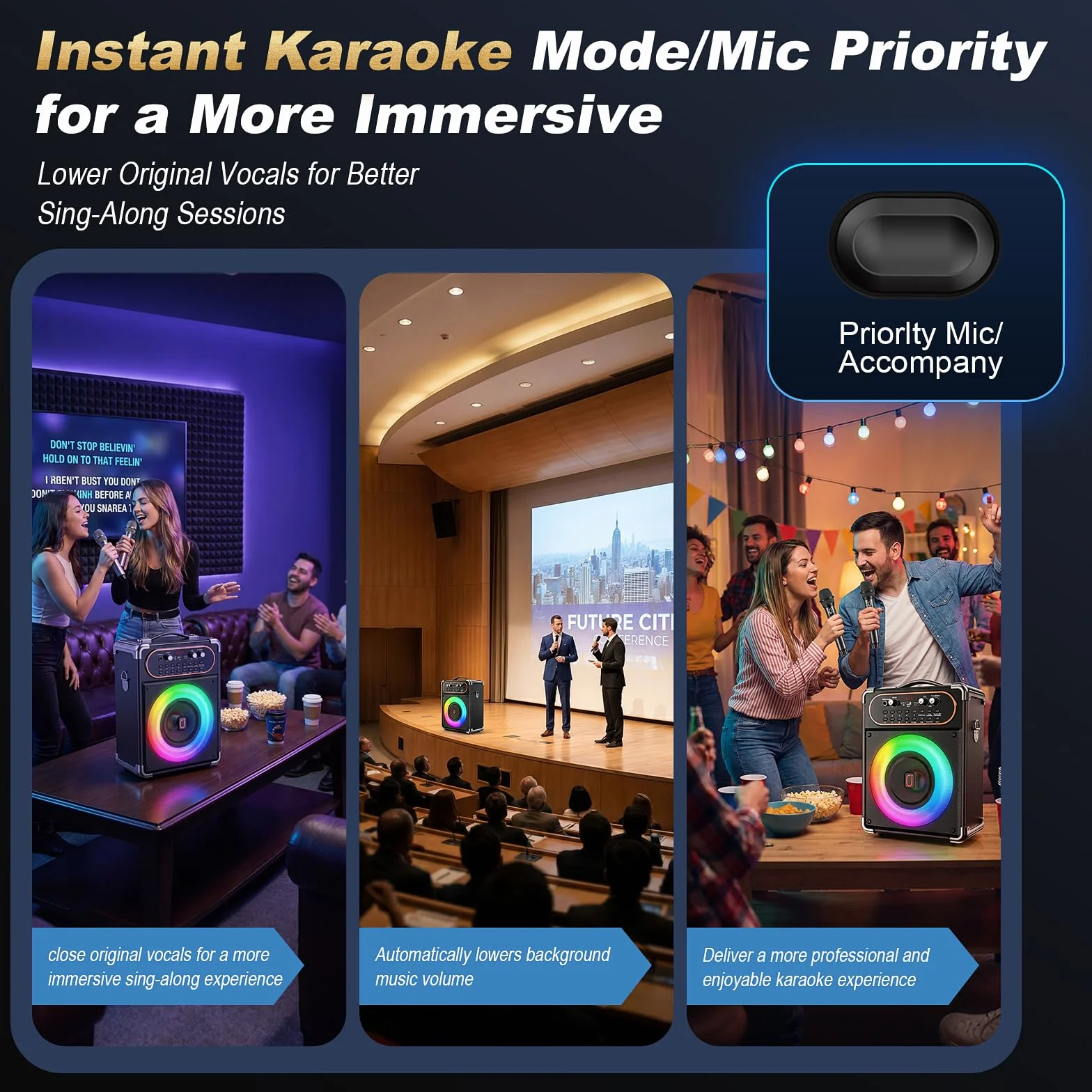 HWWR Karaoke 2 Micro sans Fil 500W Enceinte Portable avec Lumières LED Autonomie 24h Système PA TWS/USB/Carte TF/AUX