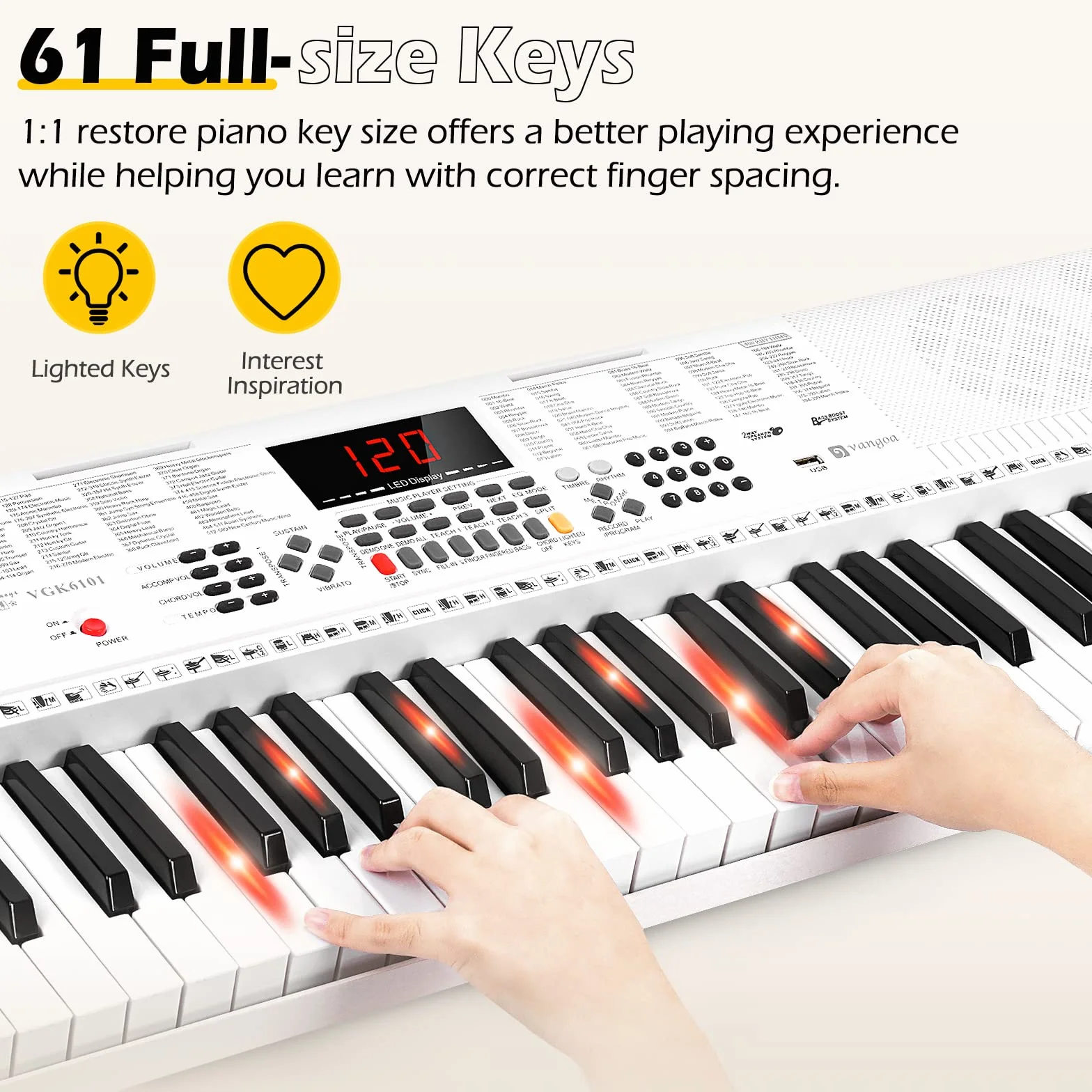 Vangoa Clavier Électronique 61 Touches Lumineuses avec Support Piano, Microphone, 600 Timbres, 400 Rythmes