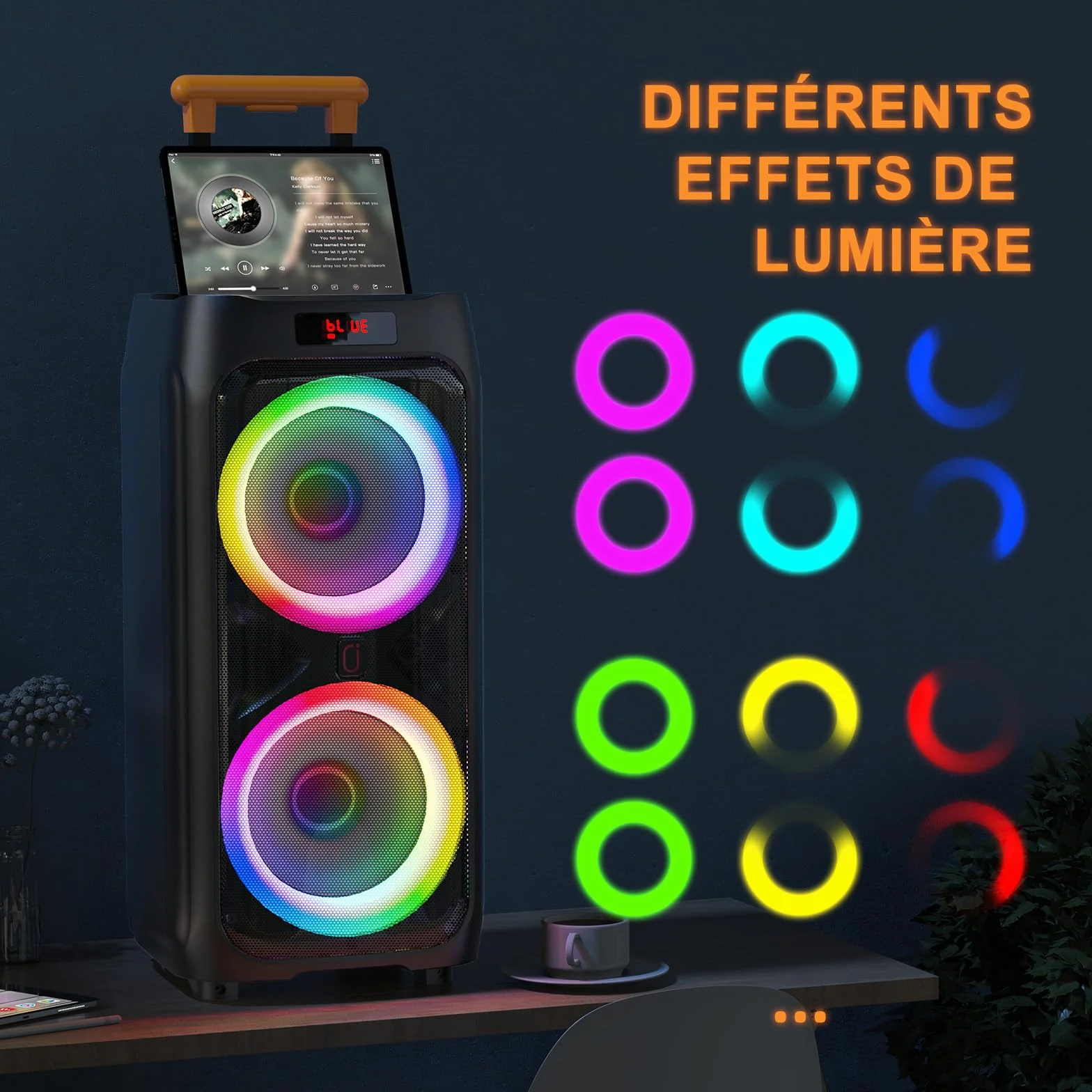 Enceinte Bluetooth 5.3 500W avec Subwoofer 8" et 2 Micros sans Fil, Système PA avec Lumières DJ pour Fêtes