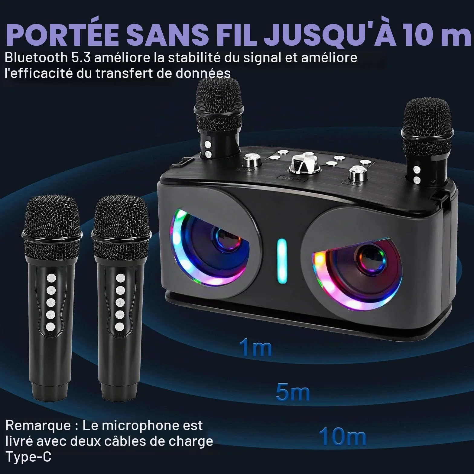 Machine de Karaoké Bluetooth Portable avec 2 Microphones sans Fil, Lumières Disco, Supporte TV/USB/AUX/TF/FM
