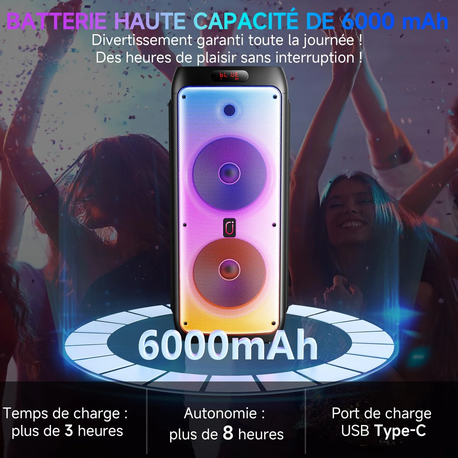 Système Karaoke Bluetooth Portable avec 2 Microphones sans Fil, Enceinte LED Professionnelle, Support USB/TF/AUX/MIC/TWS