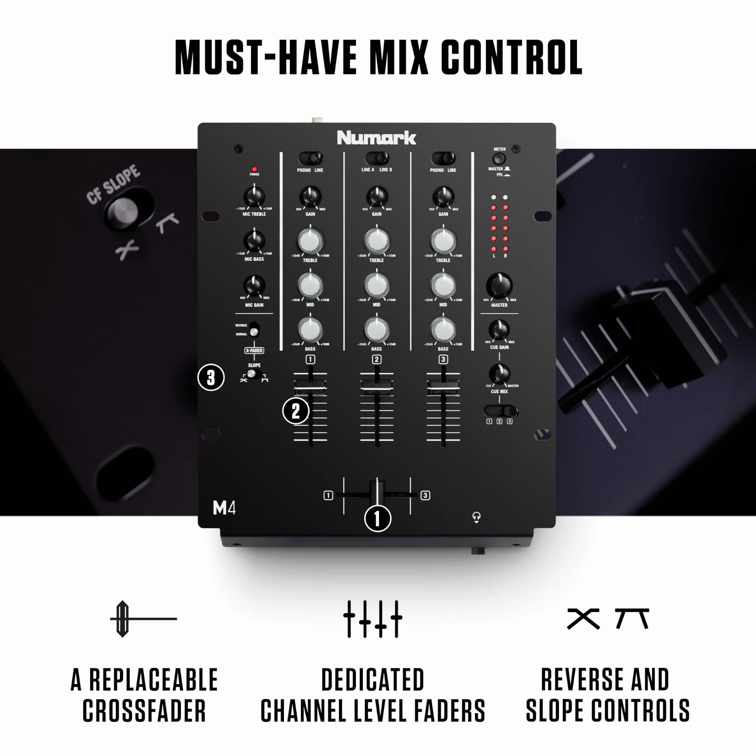 Numark M4 Table de Mixage DJ 3 Voies avec EQ 3 Bandes, Entrée Micro, Crossfader