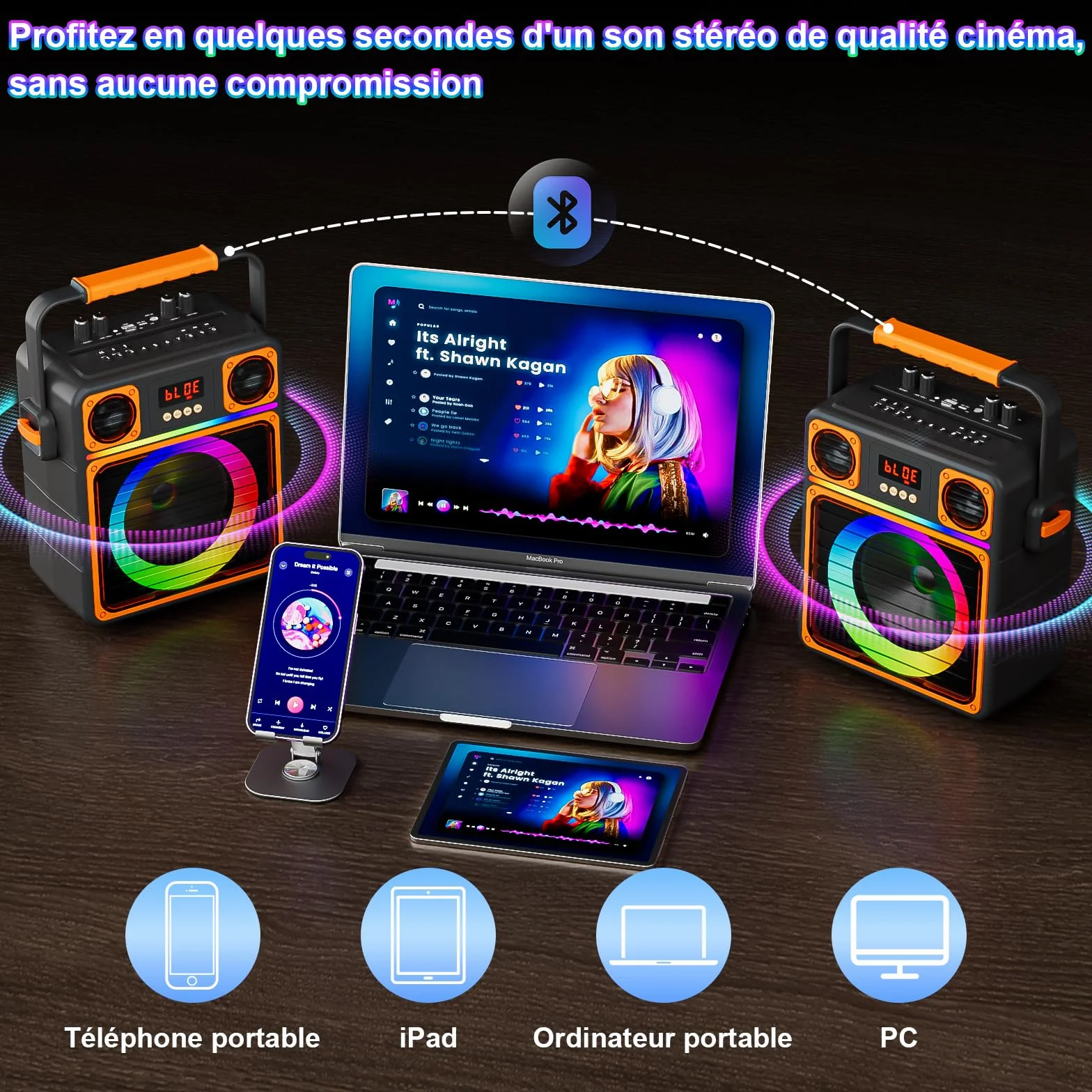 Machine de Karaoké Bluetooth Portable avec 2 Microphones Sans Fil, Haut-Parleur avec Lumières Disco, Supporte TWS/FM/AUX/USB/TF