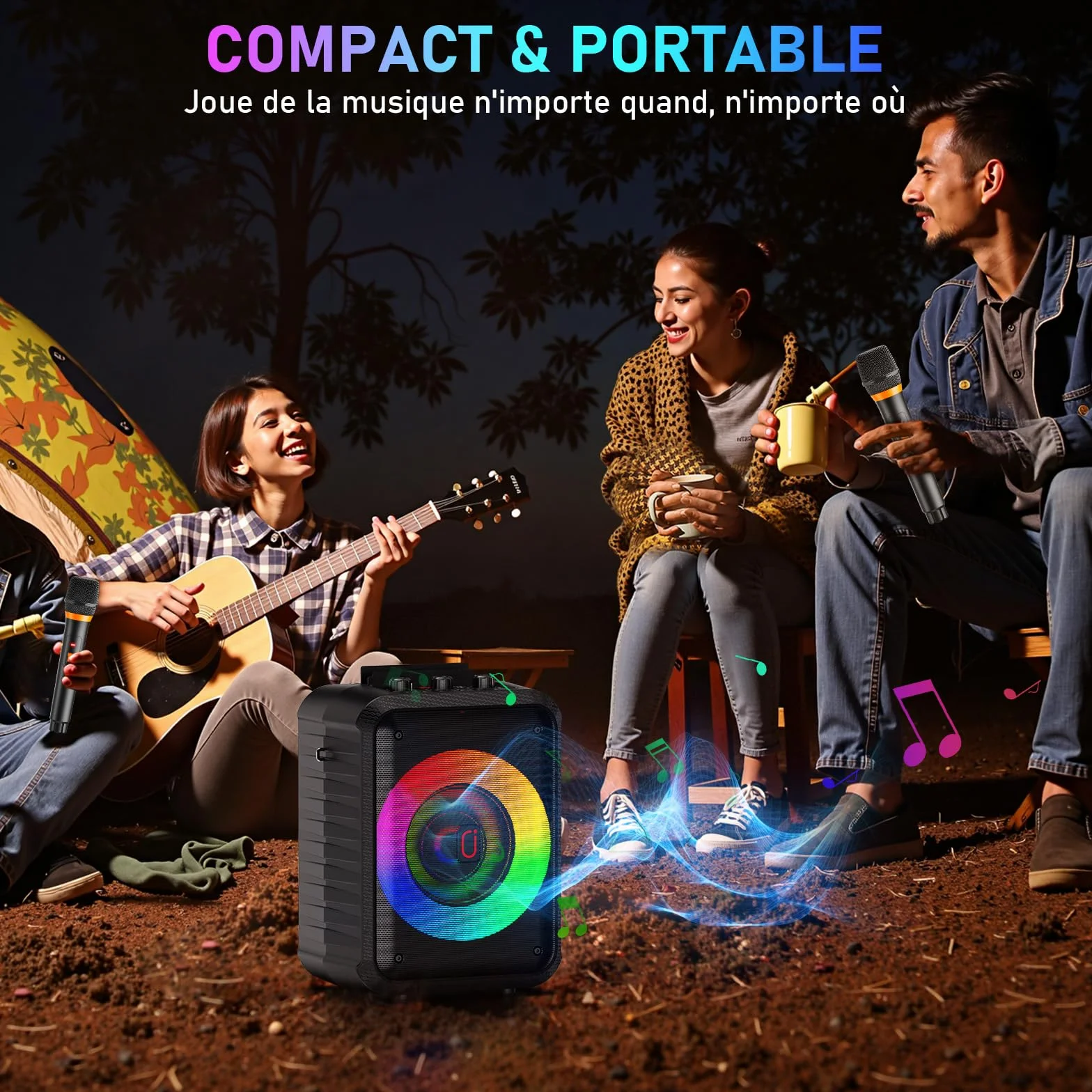 Enceinte Karaoke 120W 2 Micros sans Fil Bluetooth Portable avec Lumières LED