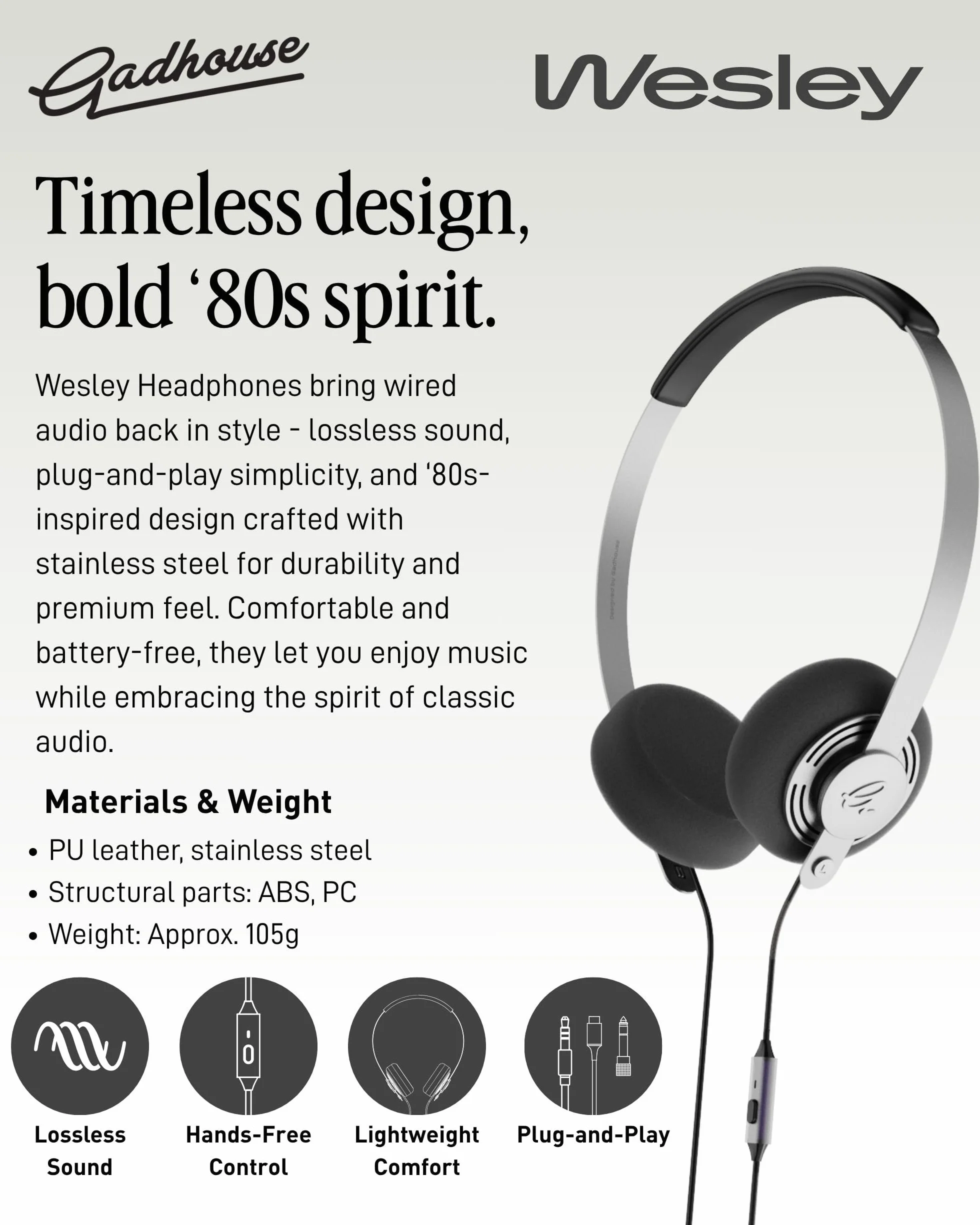 Gadhouse Wesley Casque rétro Filaire USB-C 3,5 mm Pilotes 40 mm Micro intégré Léger 105 g