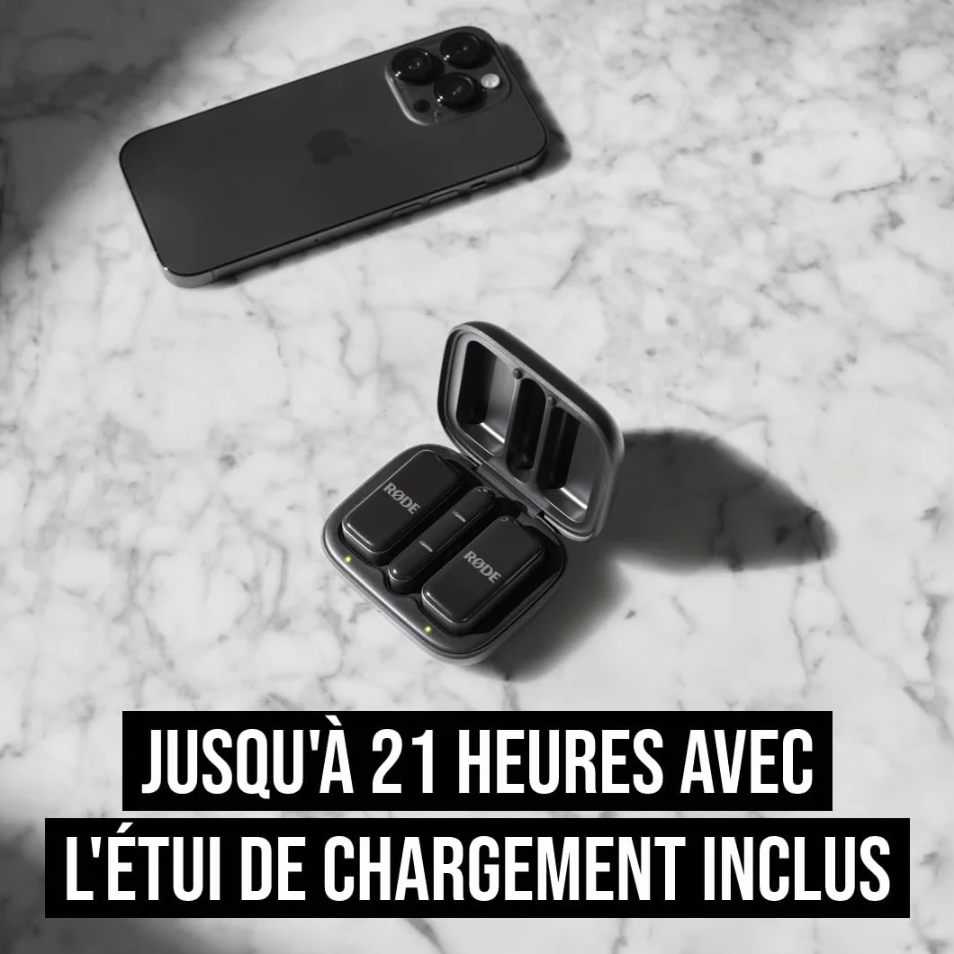 RØDE Wireless Micro, Microphone sans Fil Compact, Deux micros avec boîtier de Charge pour Smartphone, Lightning, Noir
