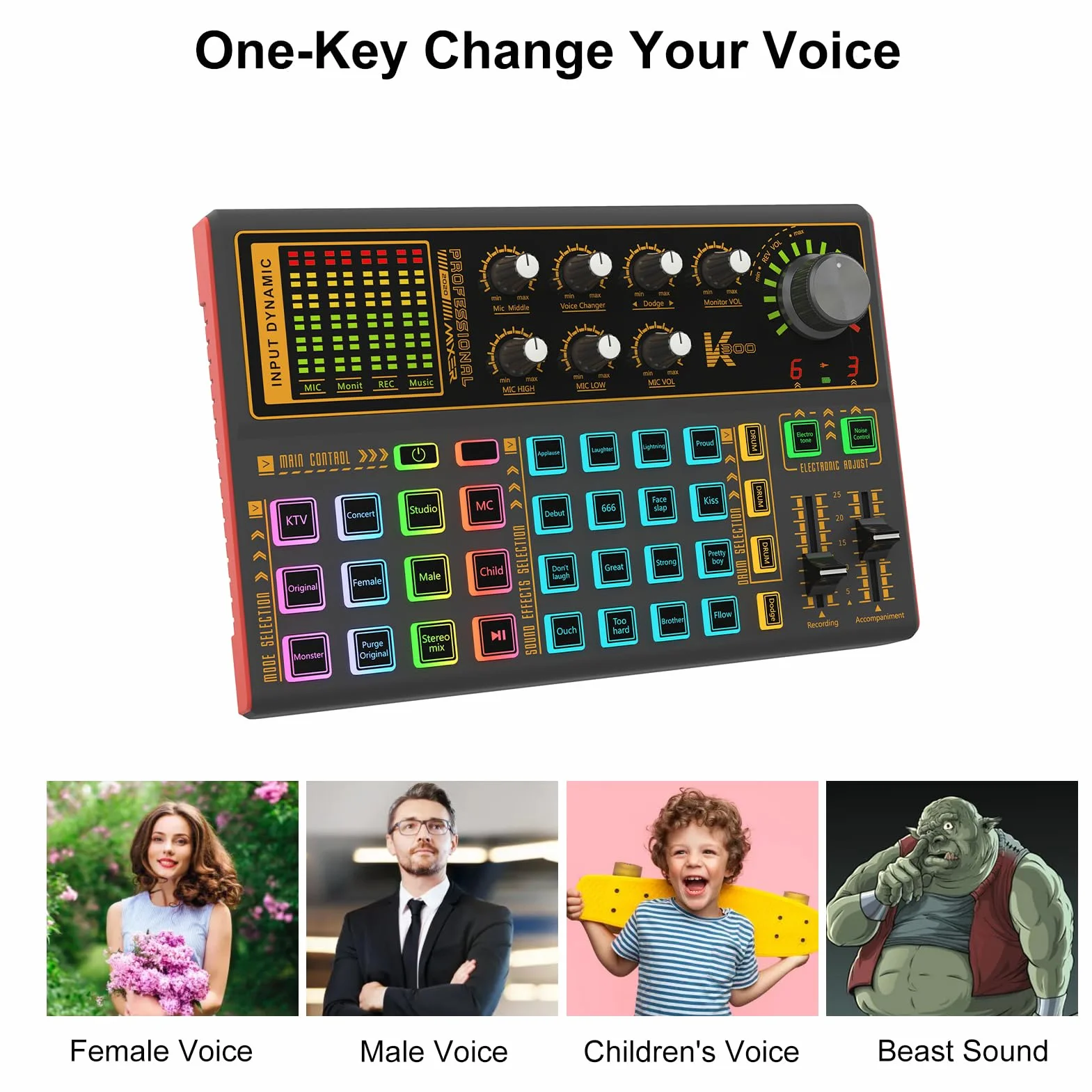Docooler K300 Carte son DJ avec effets de mixage, modificateur de voix et lumière LED pour streaming